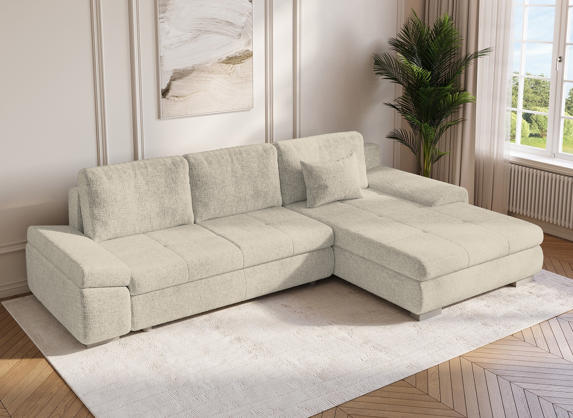 Sofá esquinero convertible reversible SOLEA con almacenaje en terciopelo jaspeado beige