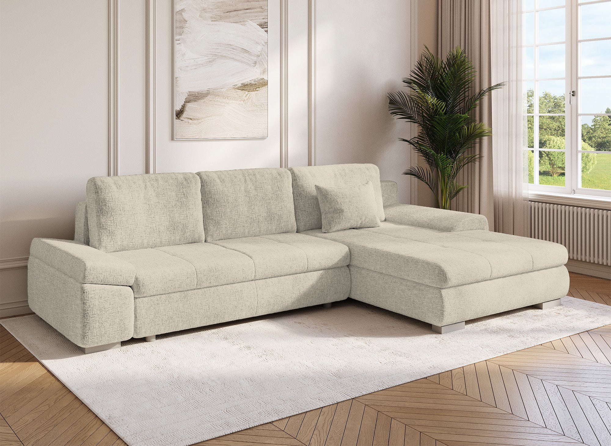 Sofá esquinero convertible reversible SOLEA con almacenaje en terciopelo jaspeado beige