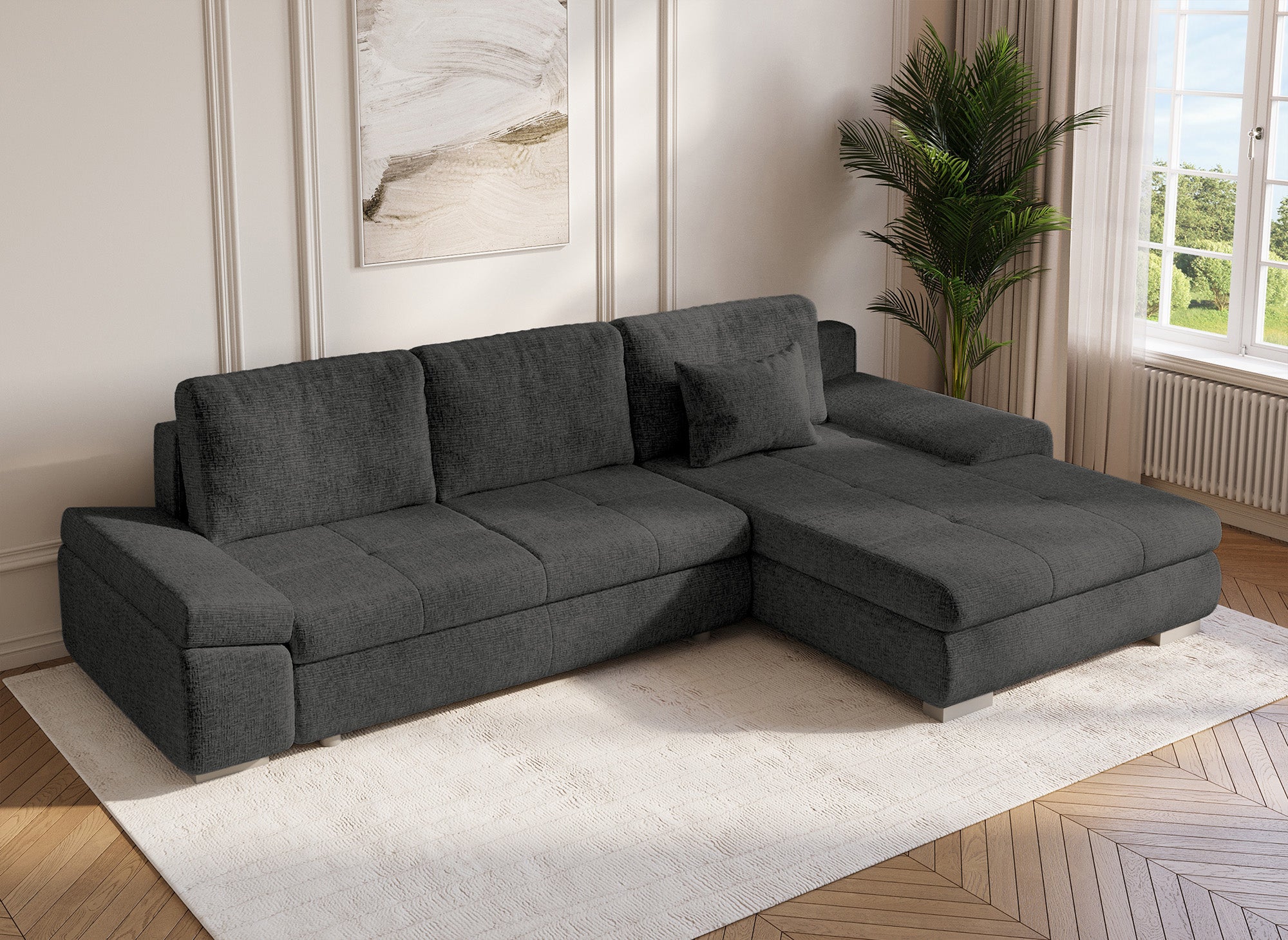 Sofá esquinero convertible reversible SOLEA con almacenaje en terciopelo gris jaspeado