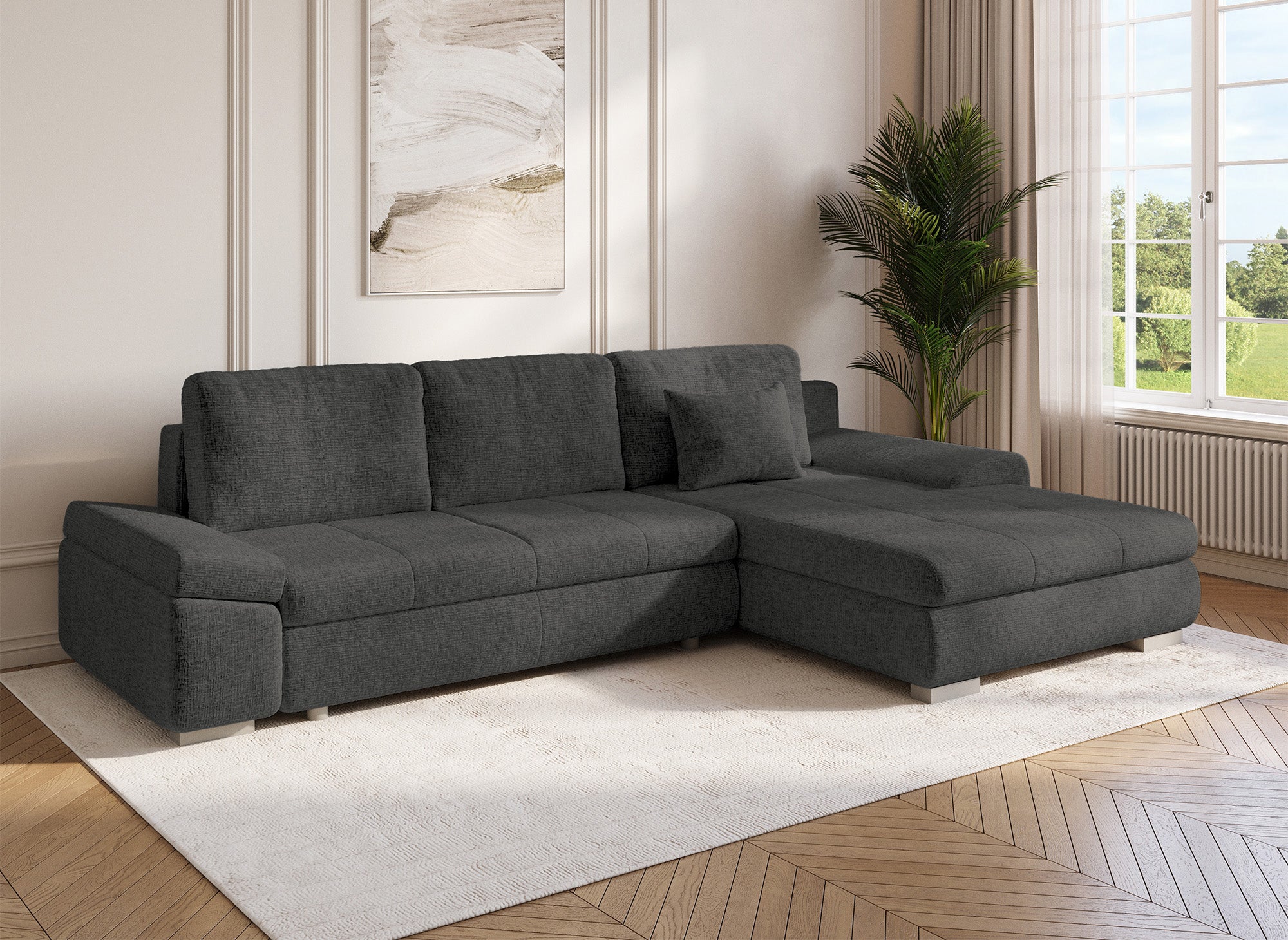 Sofá esquinero convertible reversible SOLEA con almacenaje en terciopelo gris jaspeado