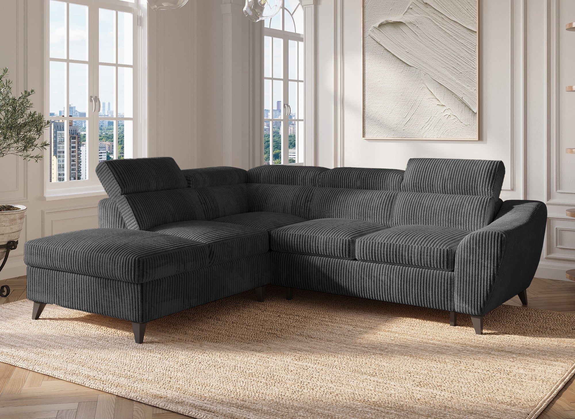 Sofá cama esquinero DALTON con almacenaje en pana gris gruesa - Esquina izquierda