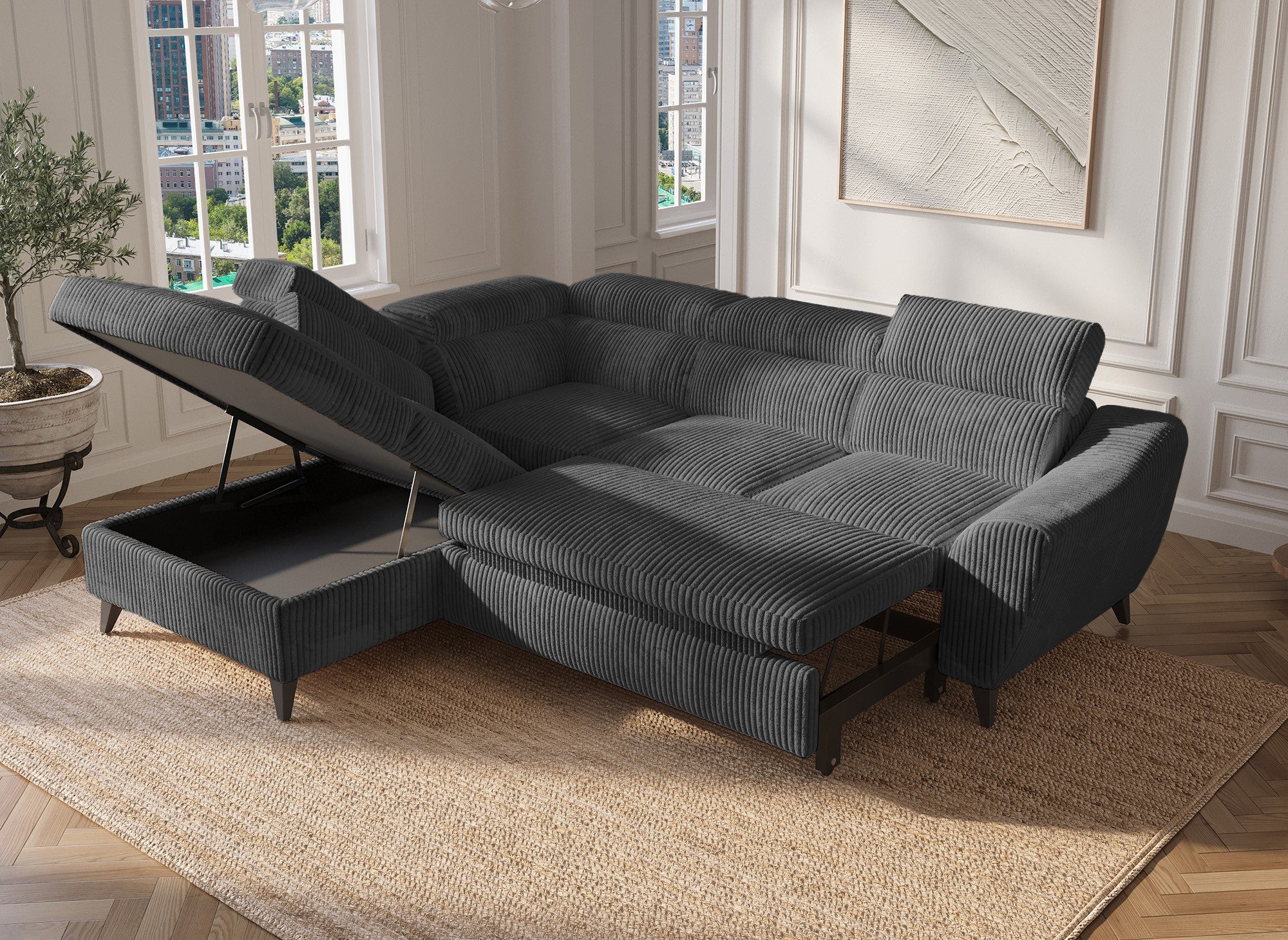 Sofá cama esquinero DALTON con almacenaje en pana gris gruesa - Esquina izquierda