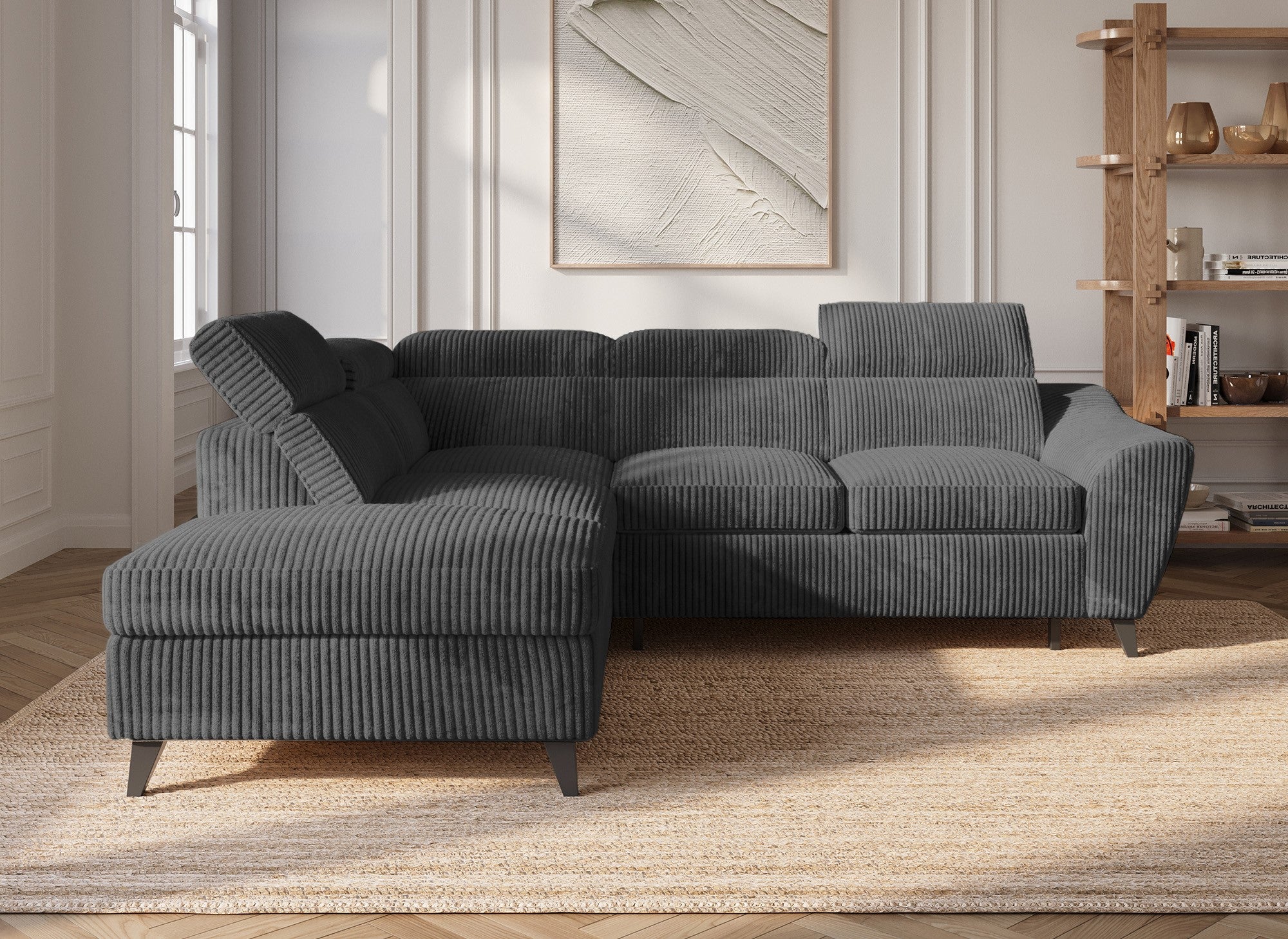 Sofá cama esquinero DALTON con almacenaje en pana gris gruesa - Esquina izquierda