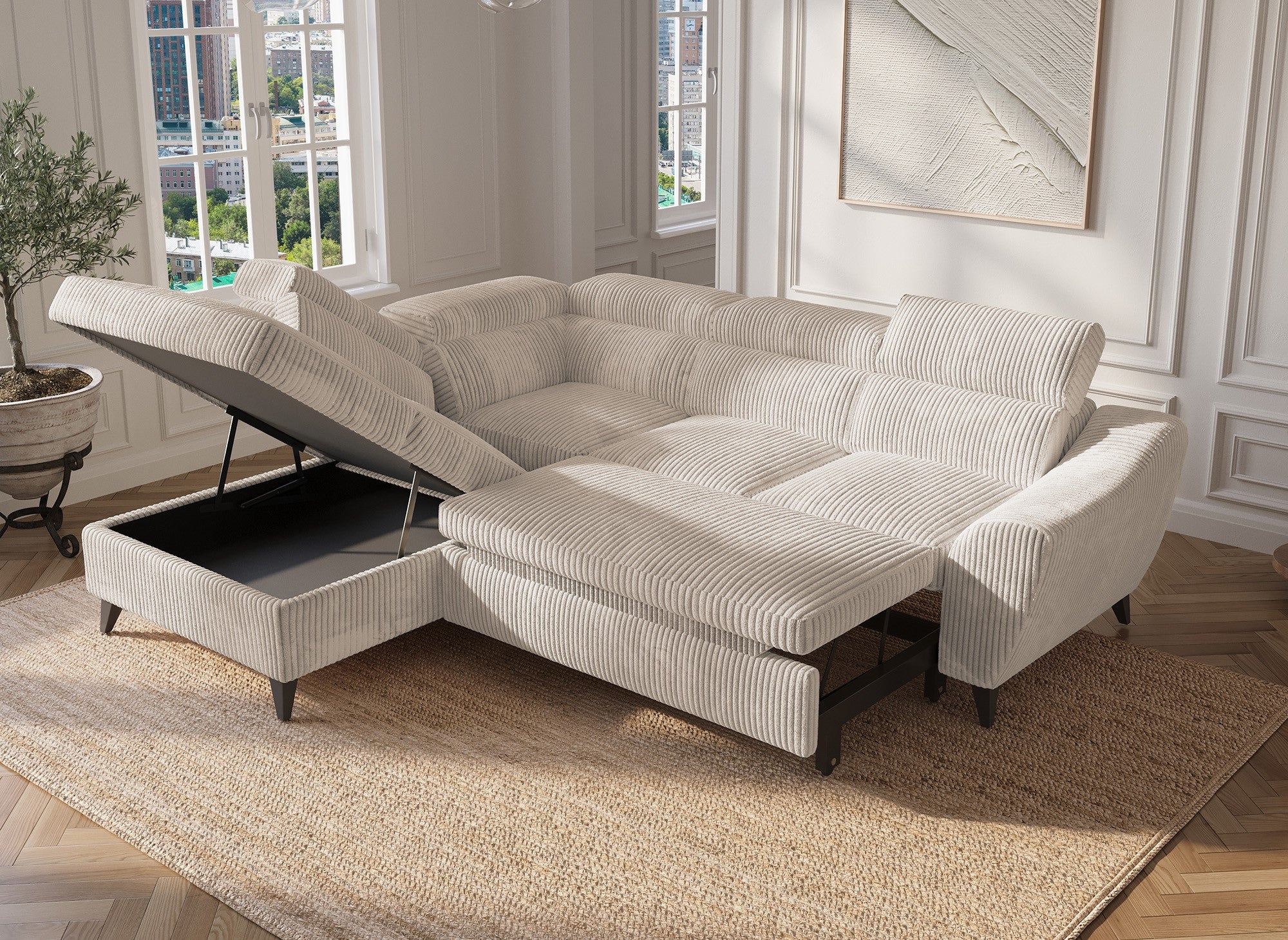 Sofá cama esquinero DALTON con almacenaje en pana gruesa color beige - Esquina izquierda