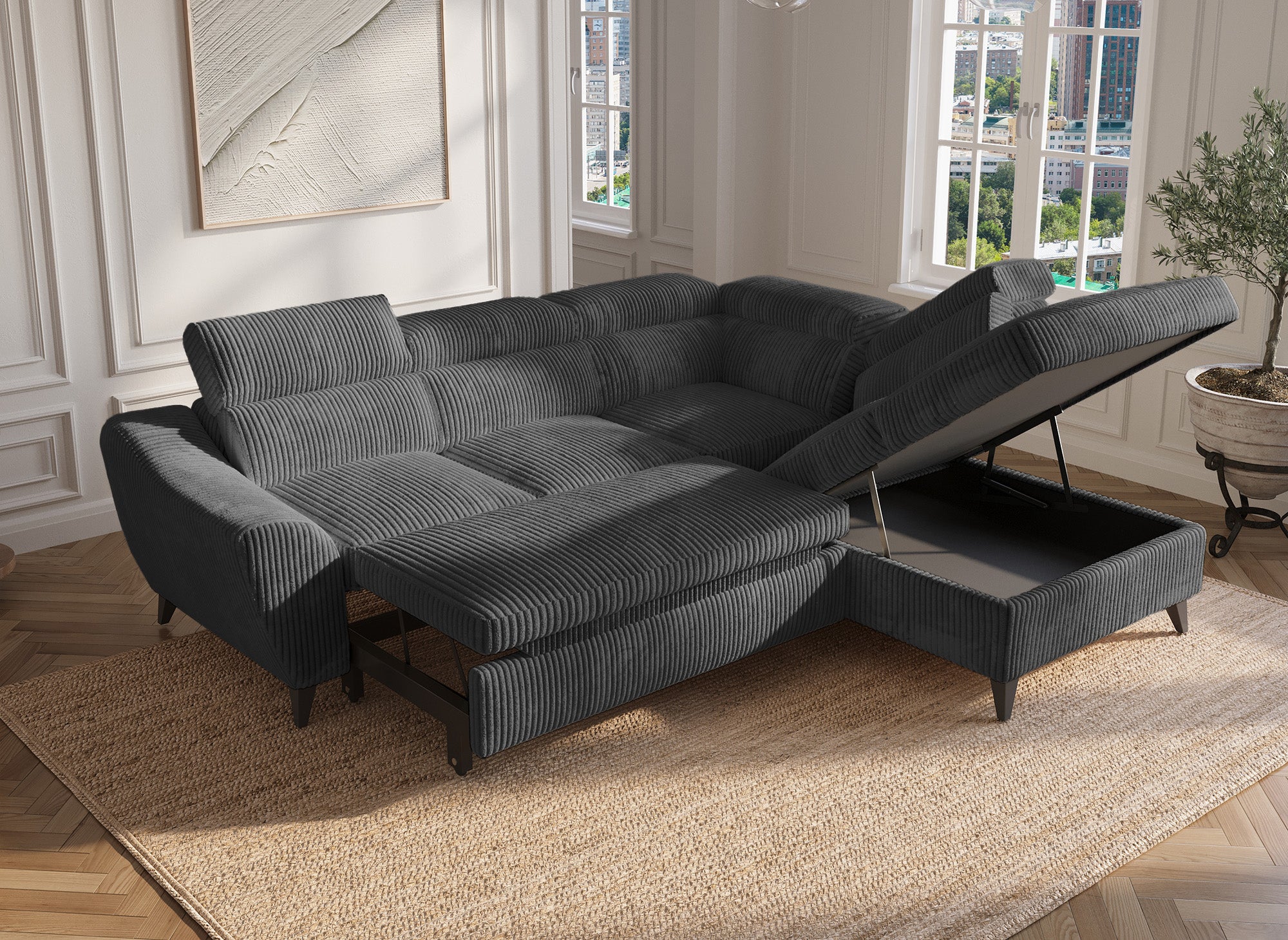 Sofá cama esquinero DALTON con almacenaje en pana gris gruesa - Esquina derecha