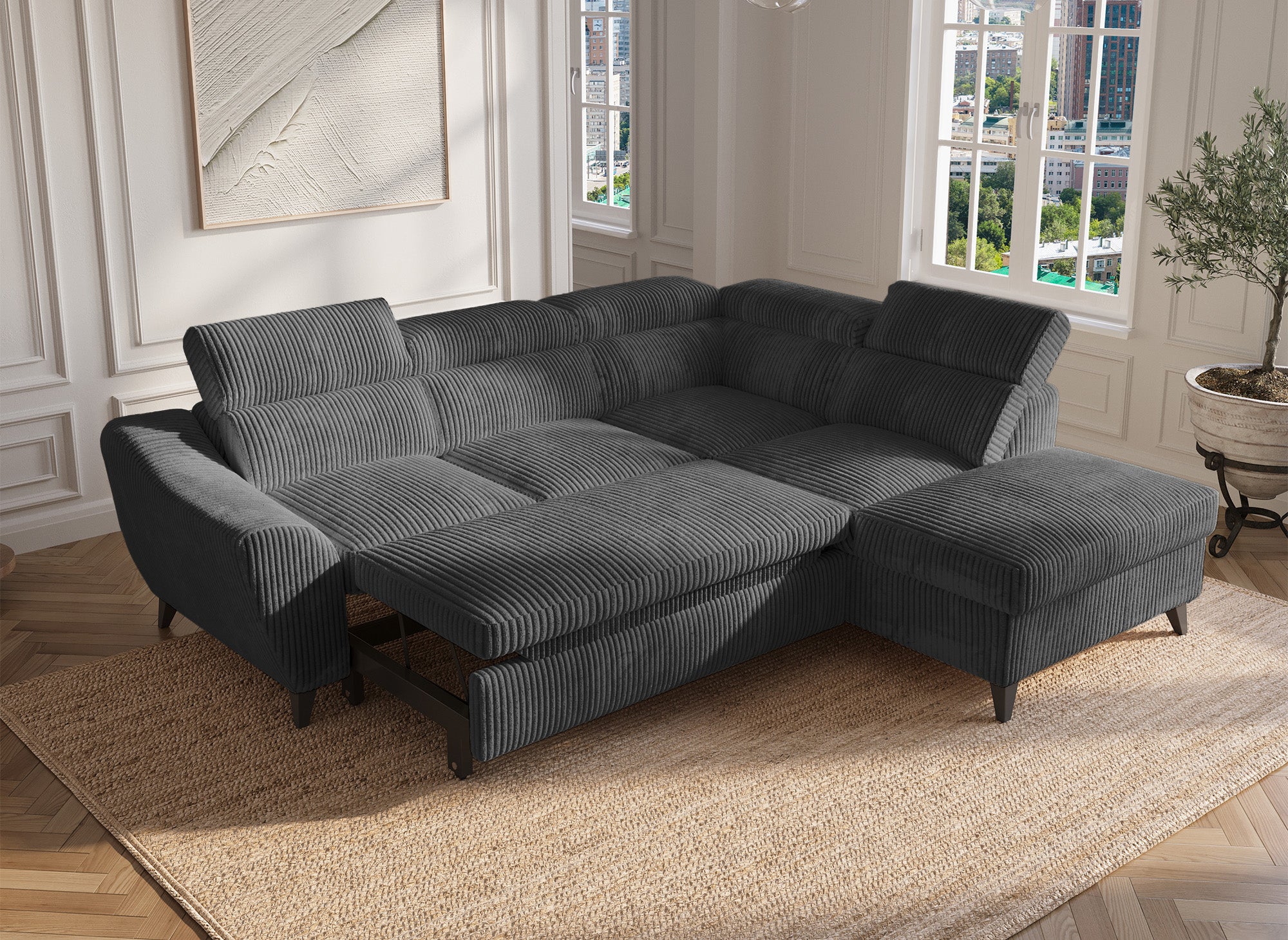 Sofá cama esquinero DALTON con almacenaje en pana gris gruesa - Esquina derecha