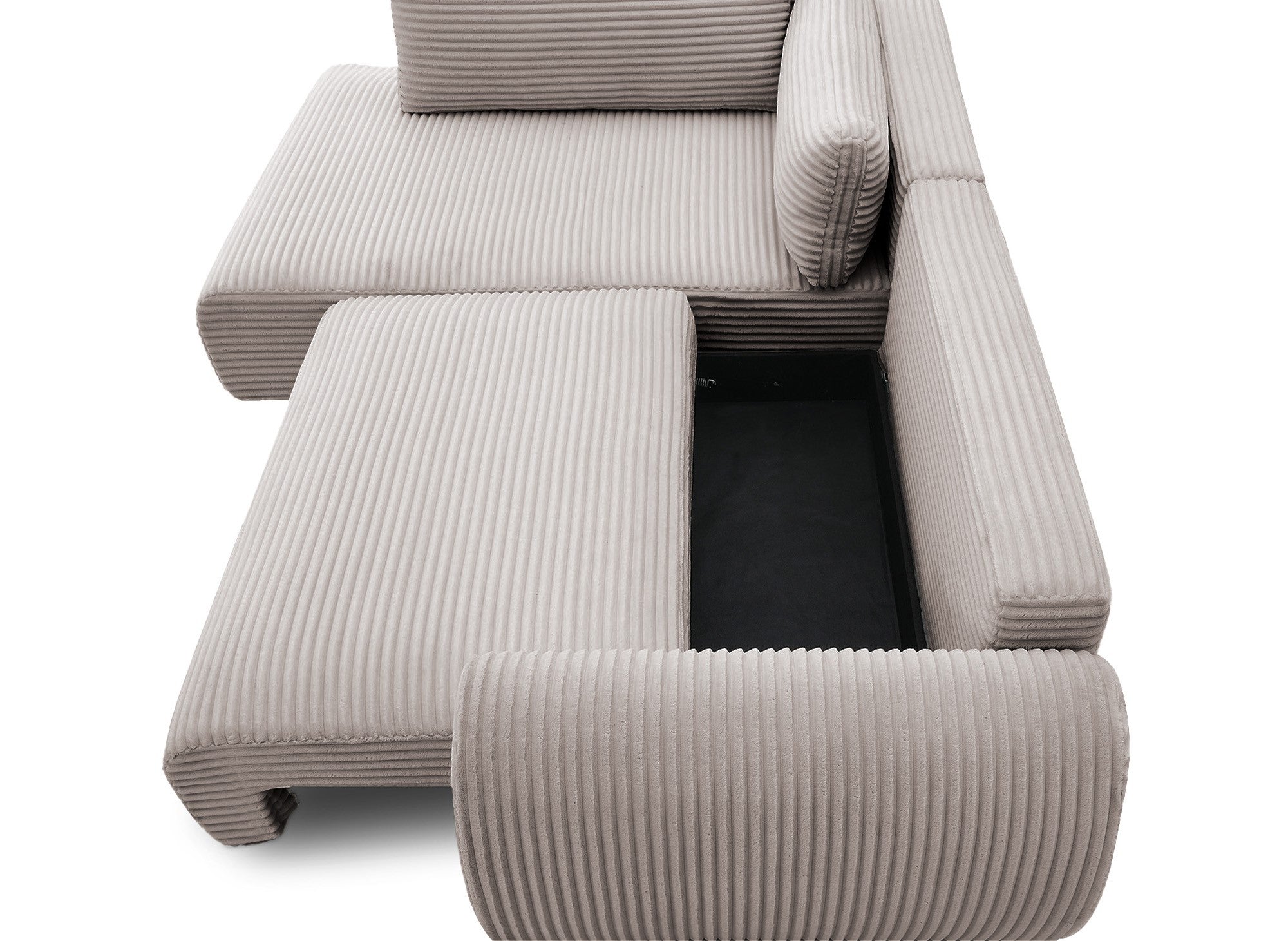 Sofá cama esquinero TILDA con chaise longue y almacenaje en suave color topo acanalado - Esquina izquierda