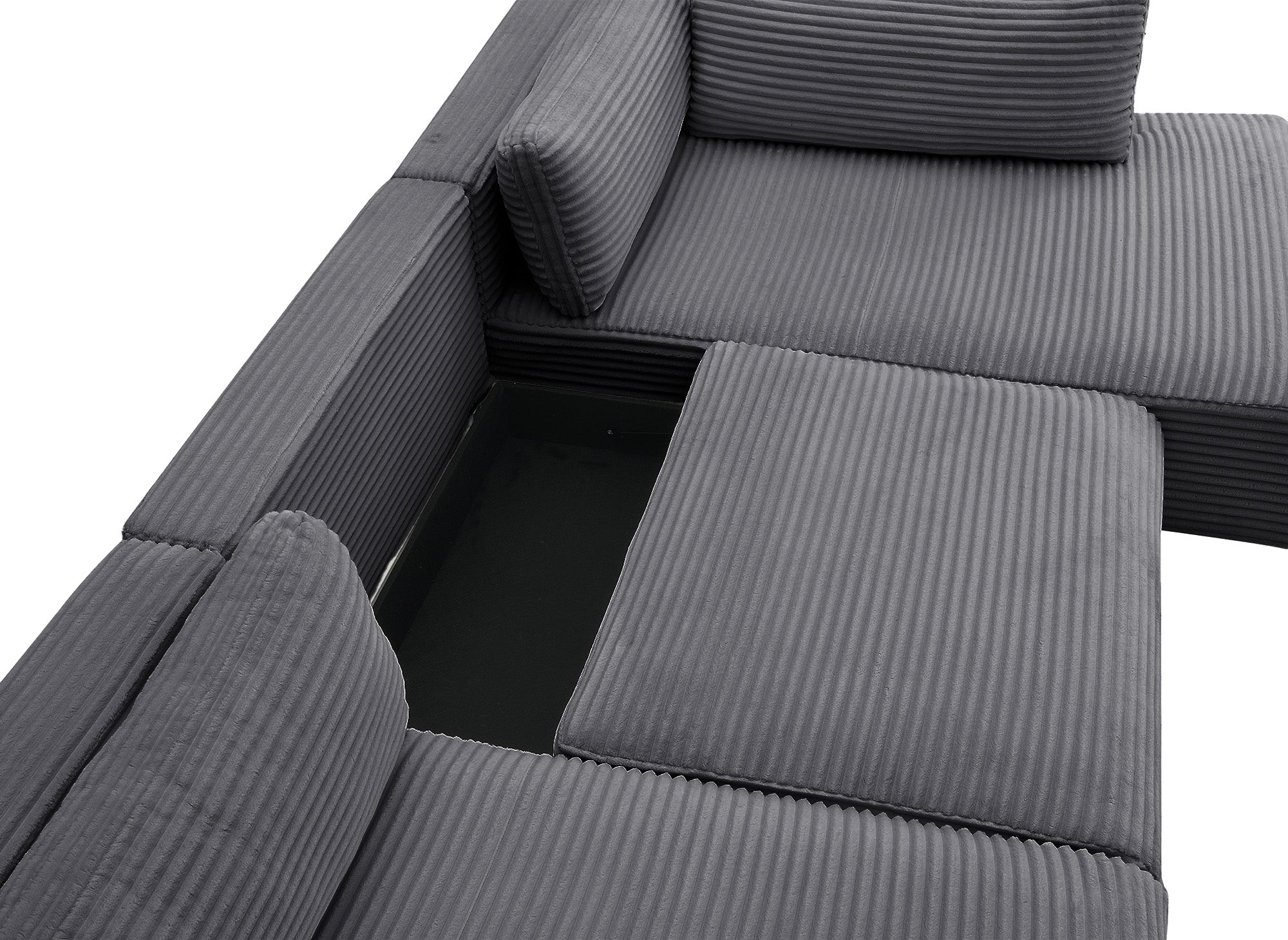 Sofá cama panorámico convertible TILDA con almacenaje en terciopelo de pana gris - Esquina derecha