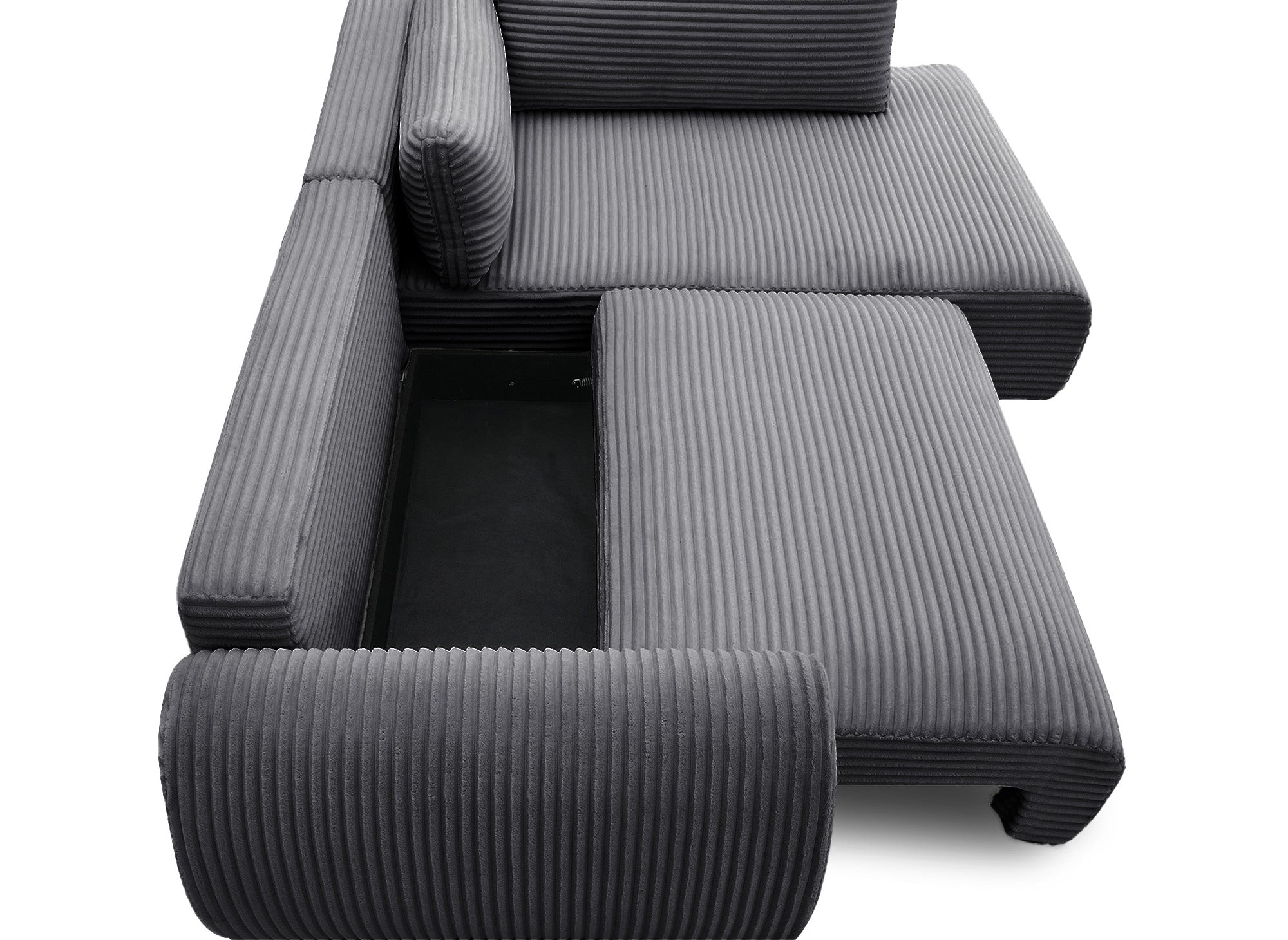 Sofá cama esquinero TILDA con chaise longue y almacenaje en pana gris gruesa - Esquina derecha