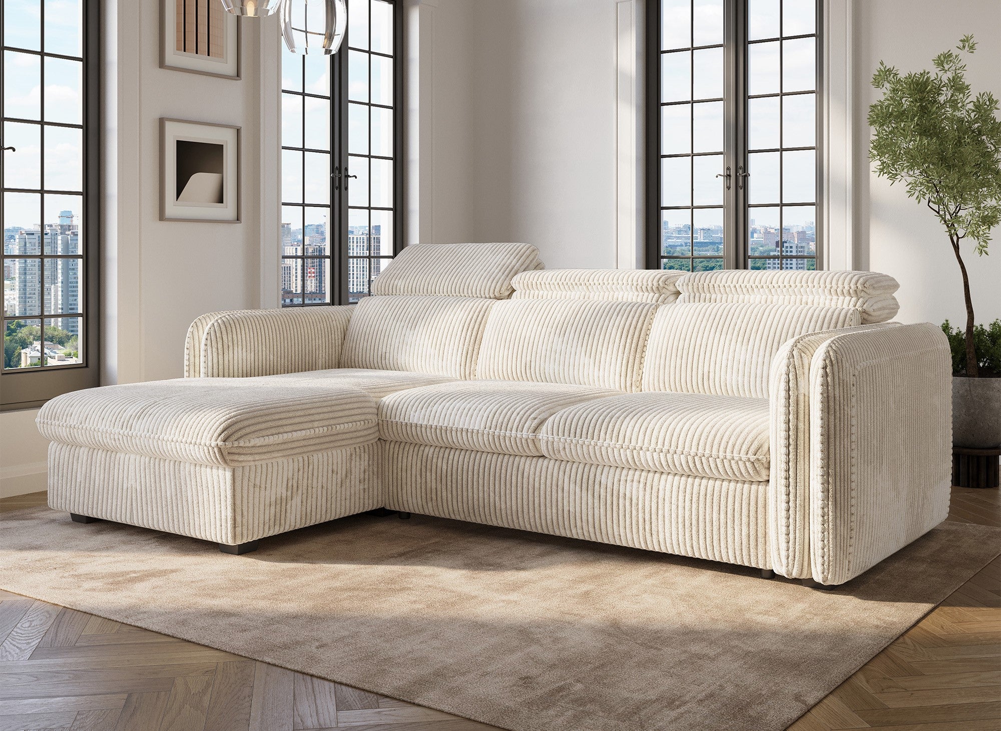 Sofá cama esquinero ISABELLA en pana gruesa color beige - Esquina izquierda