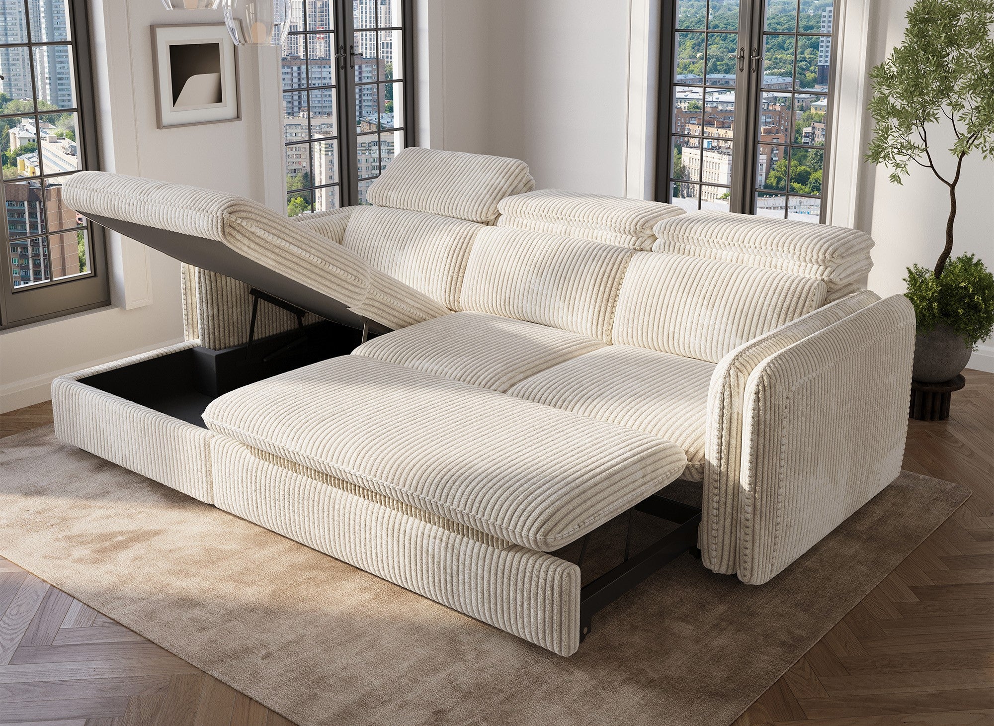 Sofá cama esquinero ISABELLA en pana gruesa color beige - Esquina izquierda