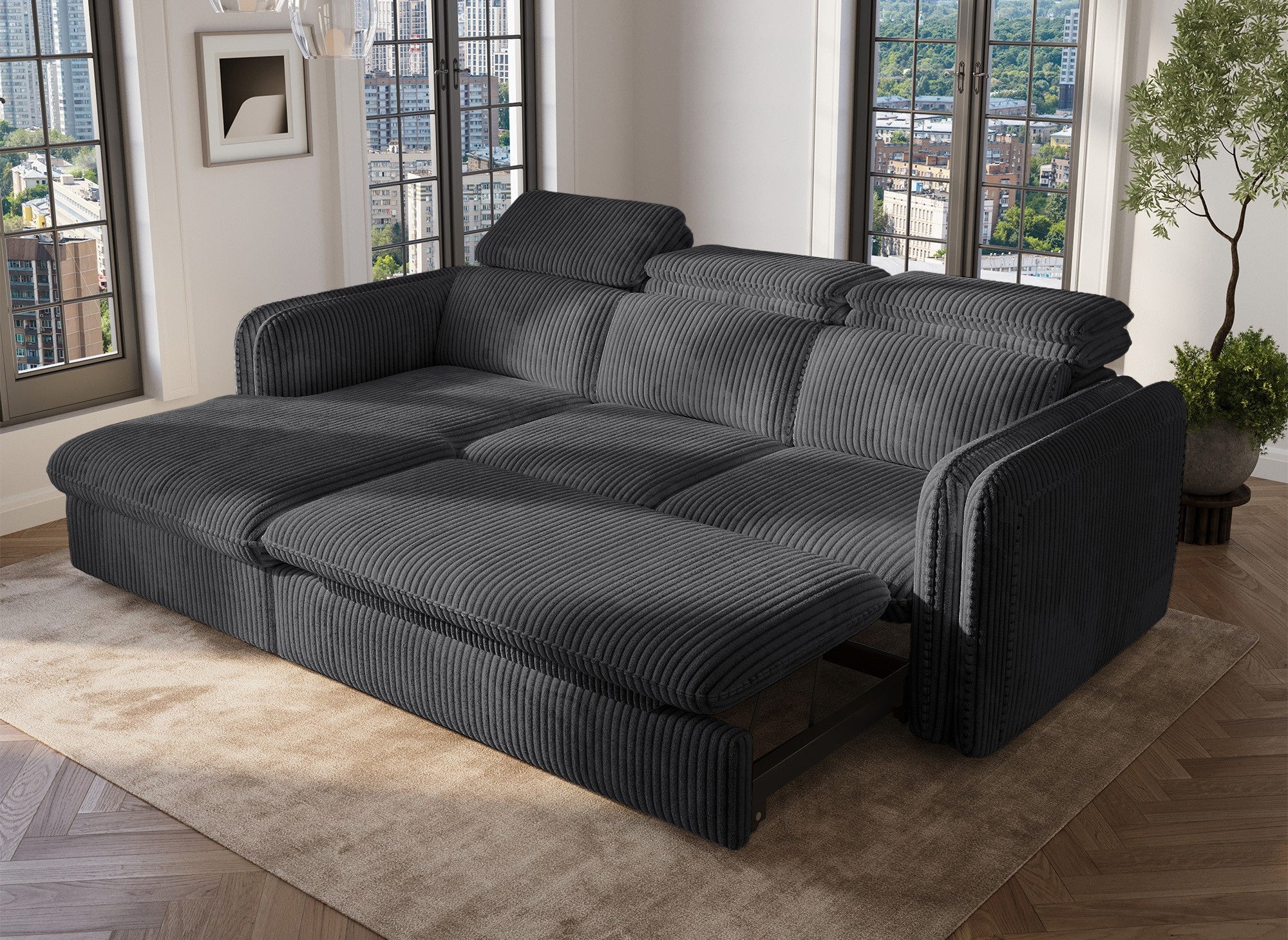 Sofá cama esquinero ISABELLA en pana gris gruesa - Esquina izquierda