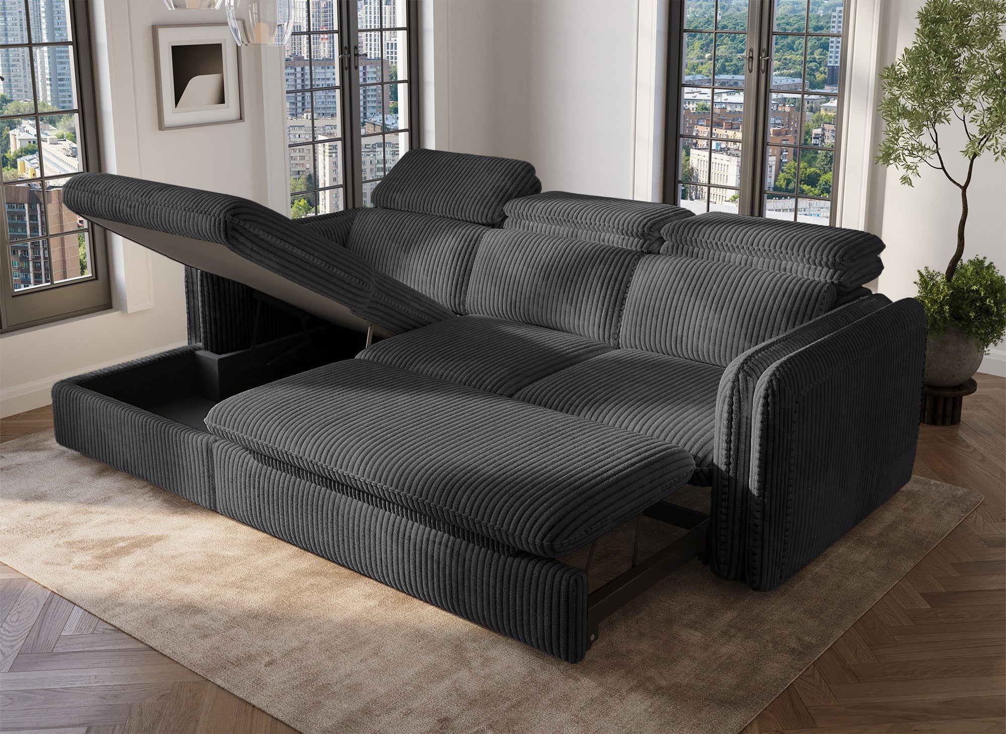 Sofá cama esquinero ISABELLA en pana gris gruesa - Esquina izquierda