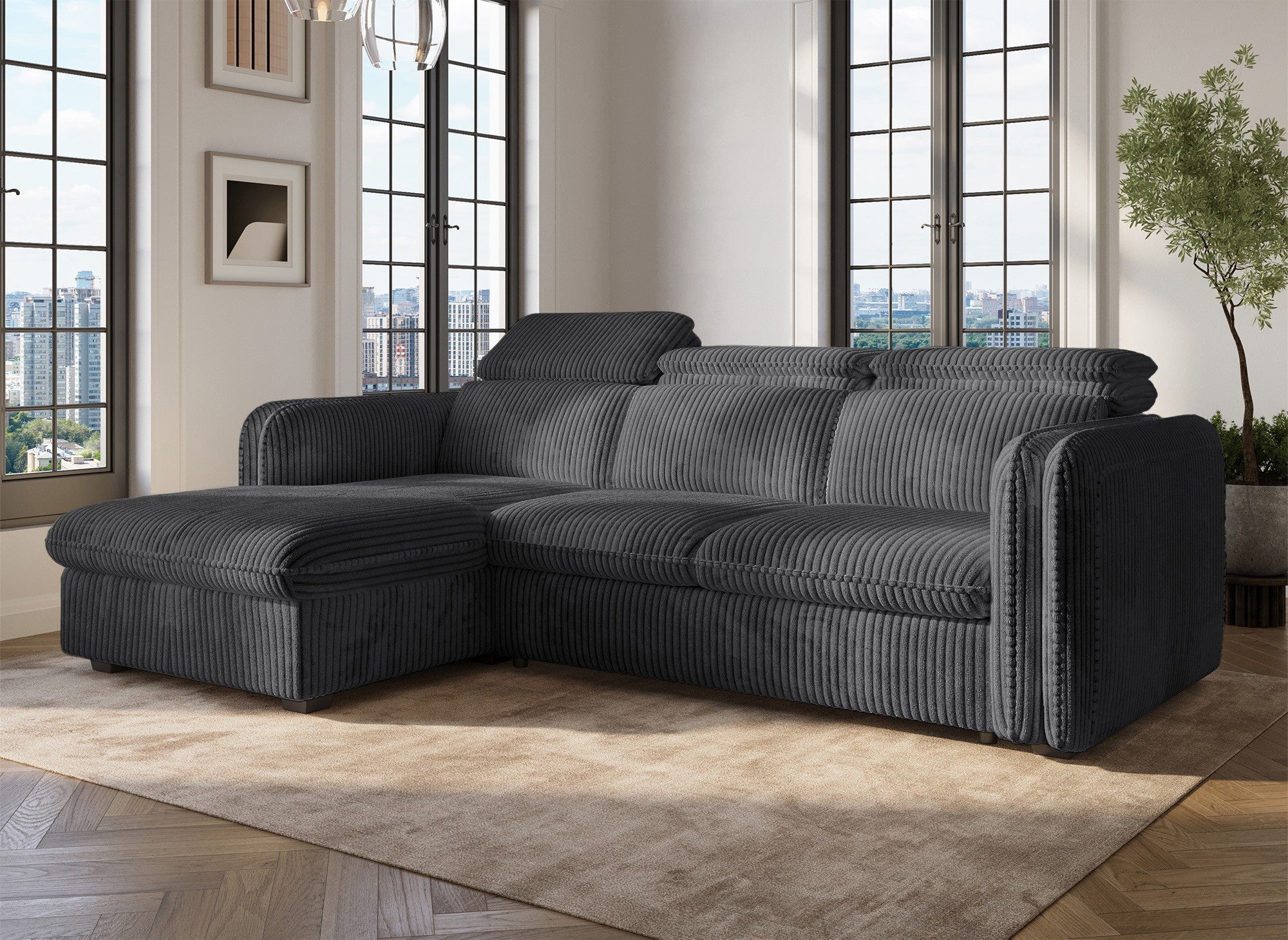 Sofá cama esquinero ISABELLA en pana gris gruesa - Esquina izquierda