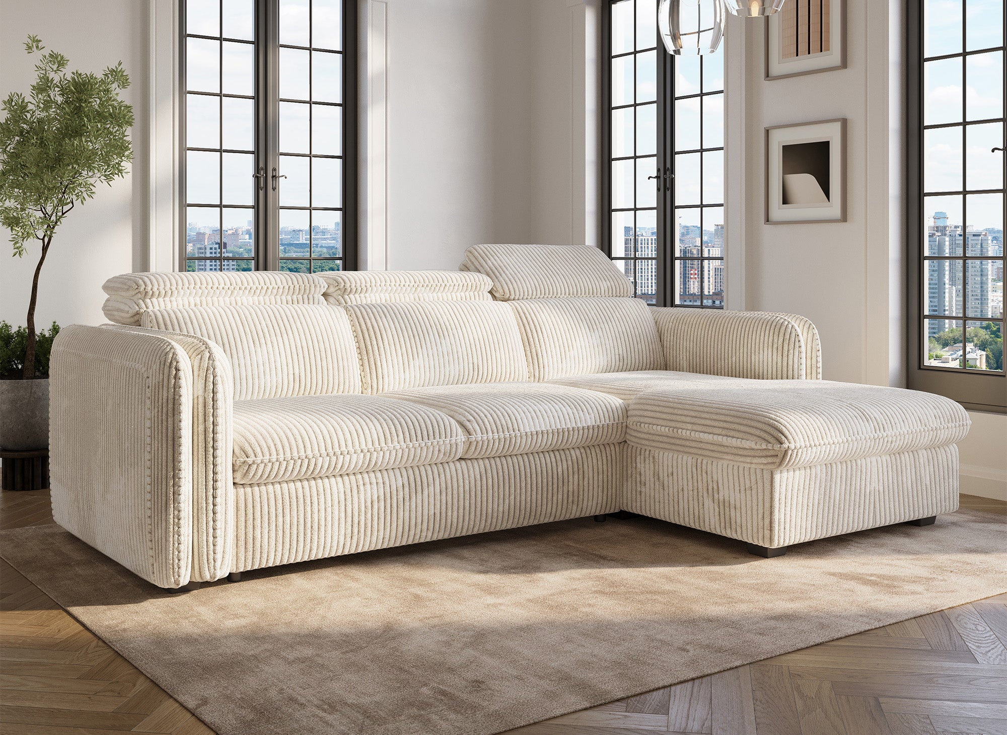 Sofá cama esquinero ISABELLA de pana gruesa color beige - Esquina derecha