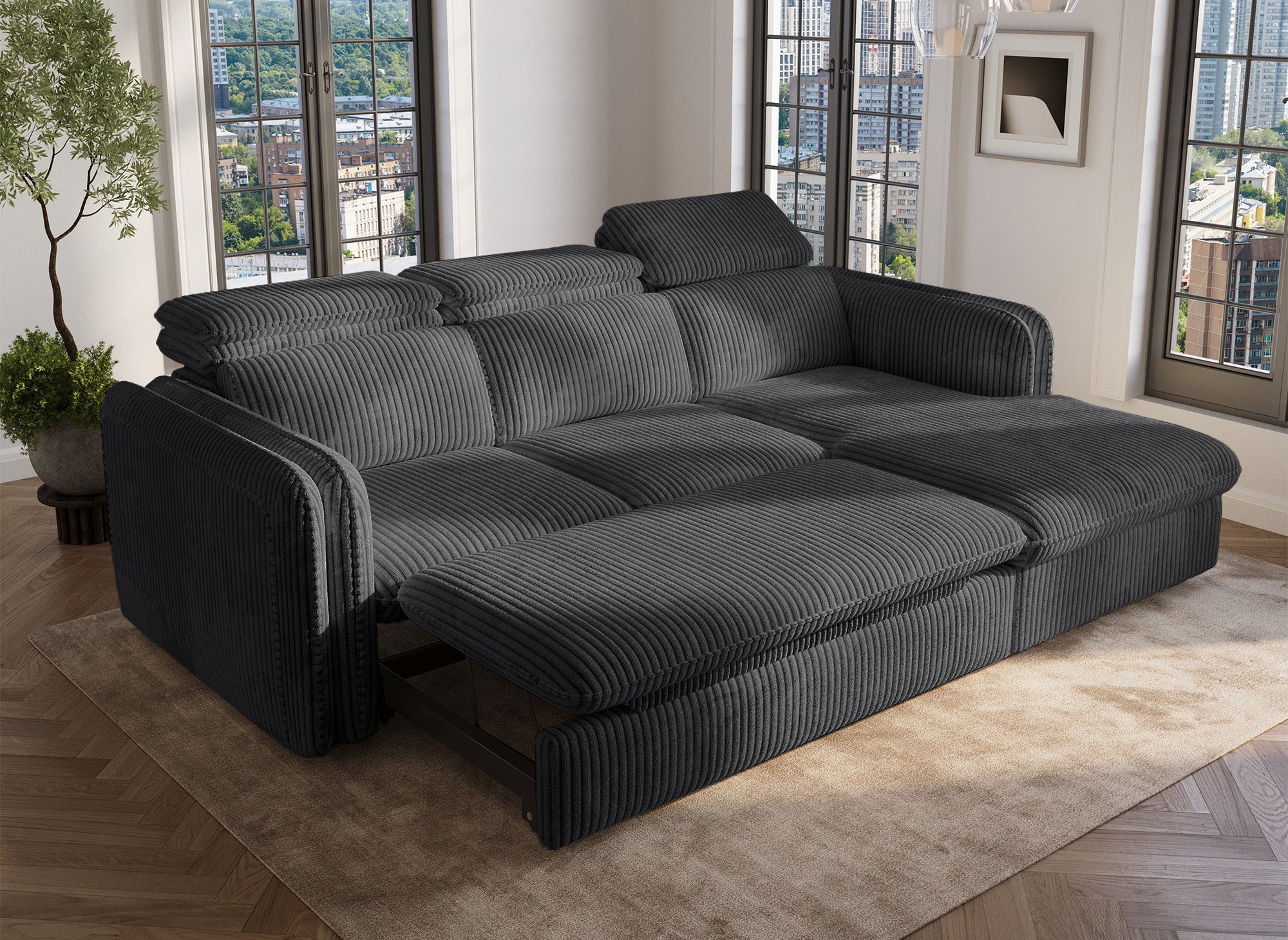 Sofá cama esquinero ISABELLA en pana gris gruesa - Esquina derecha