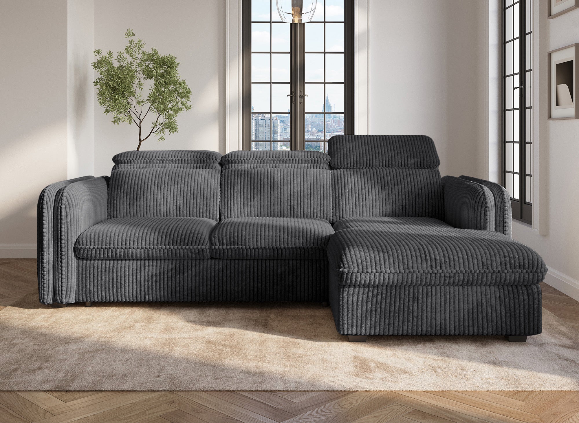 Sofá cama esquinero ISABELLA en pana gris gruesa - Esquina derecha