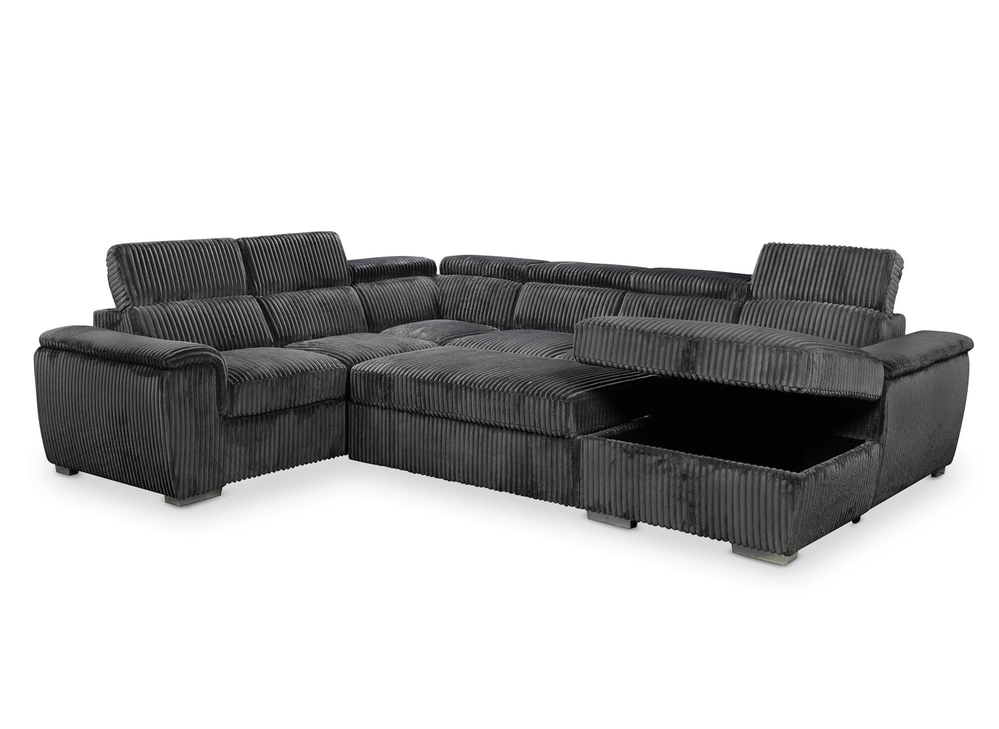 Sofá cama panorámico convertible GAELLE con almacenaje en pana gris gruesa - esquina derecha