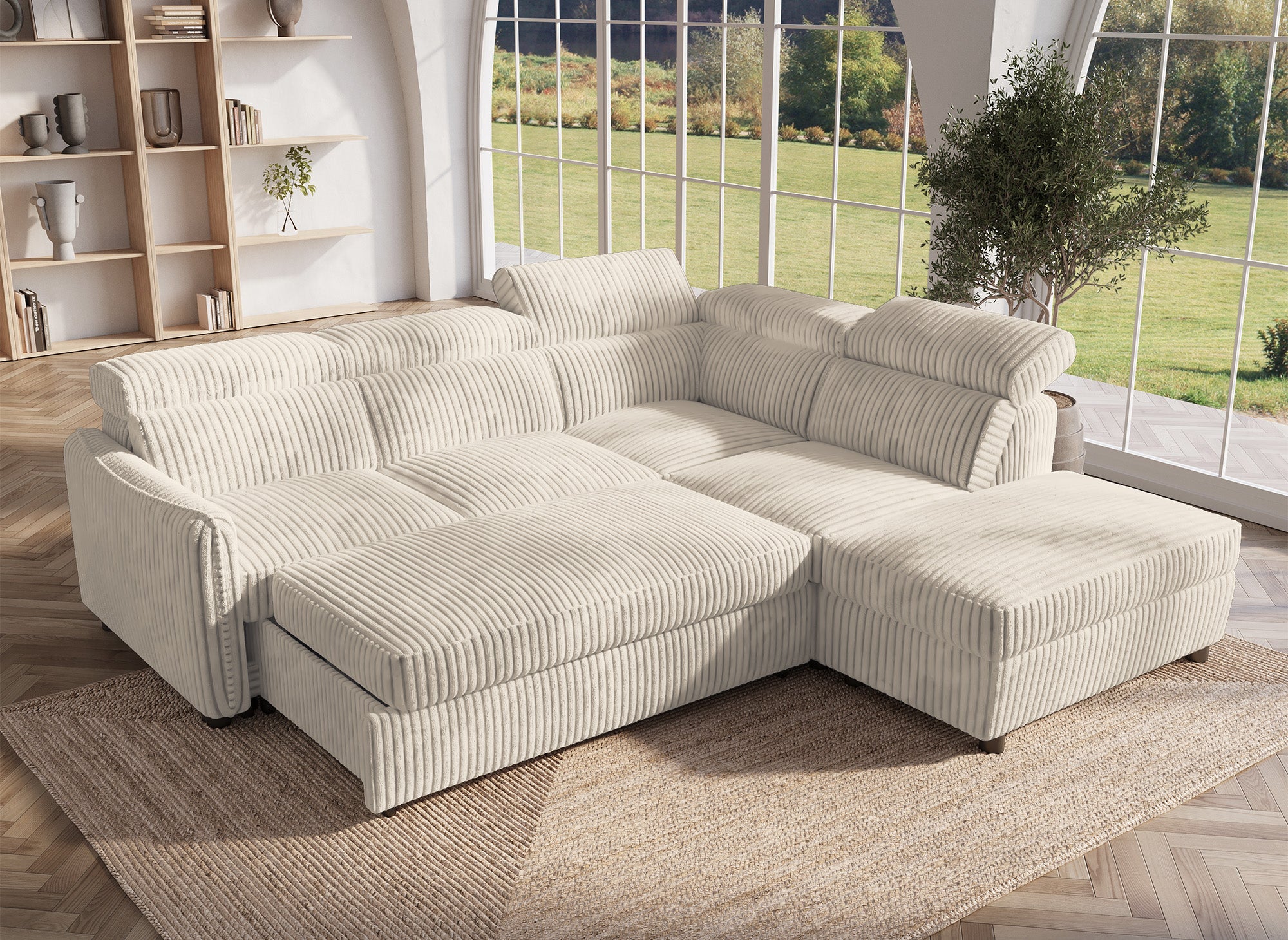 Sofá cama esquinero NAIROBI de pana gruesa color beige - Esquina derecha