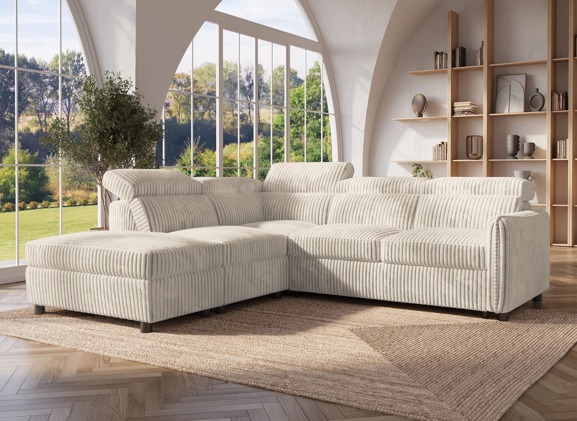 Sofá cama esquinero NAIROBI de pana gruesa color beige - Esquina izquierda