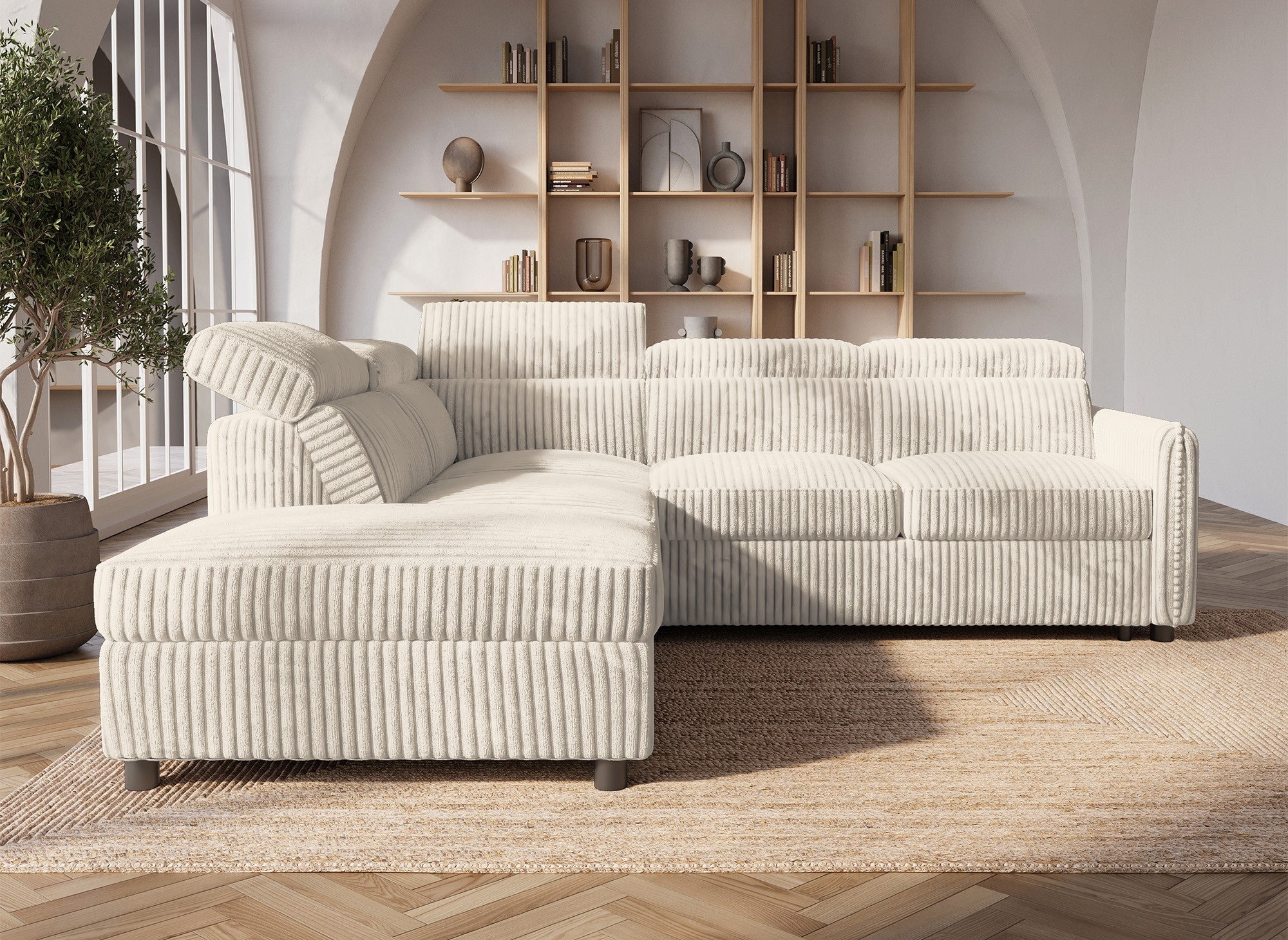 Sofá cama esquinero NAIROBI de pana gruesa color beige - Esquina izquierda