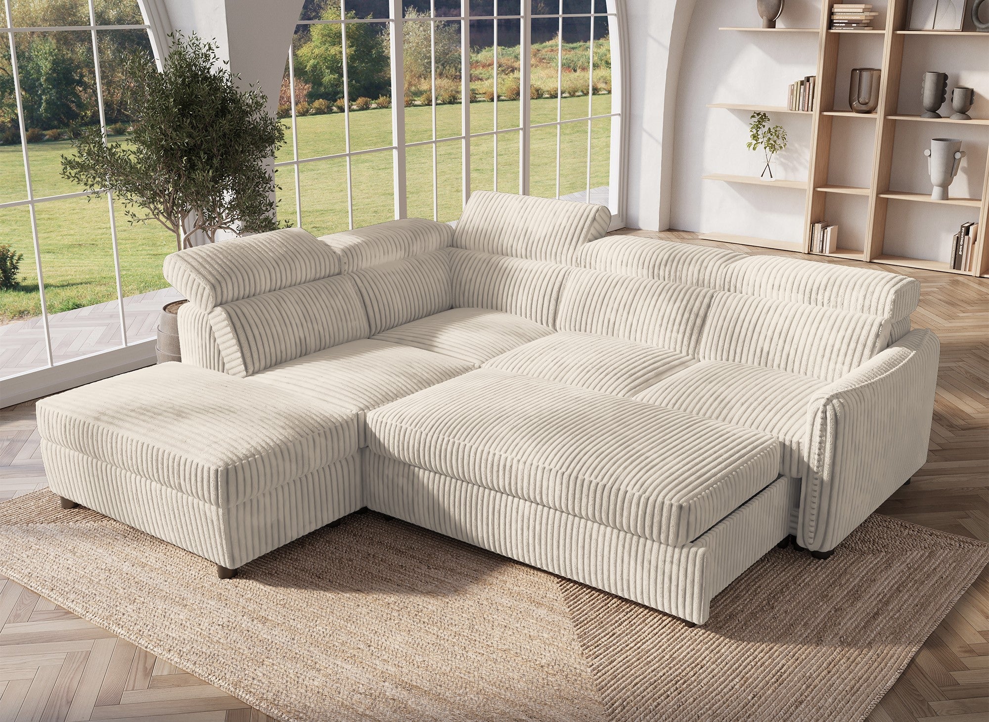 Sofá cama esquinero NAIROBI de pana gruesa color beige - Esquina izquierda