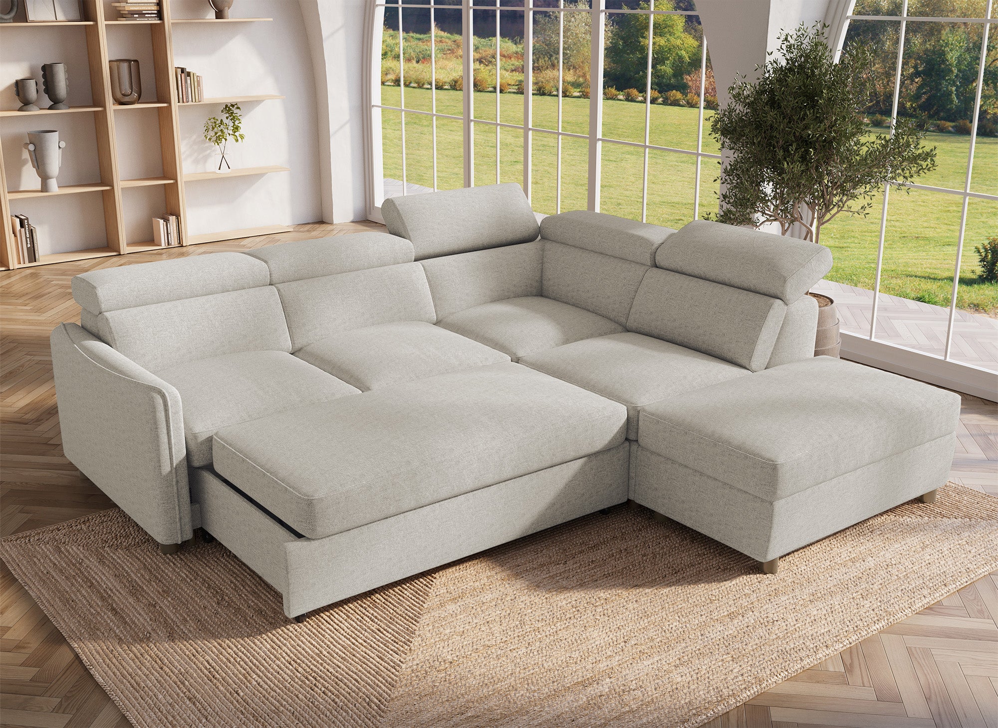 Sofá cama esquinero NAIROBI de tela beige - Esquina derecha