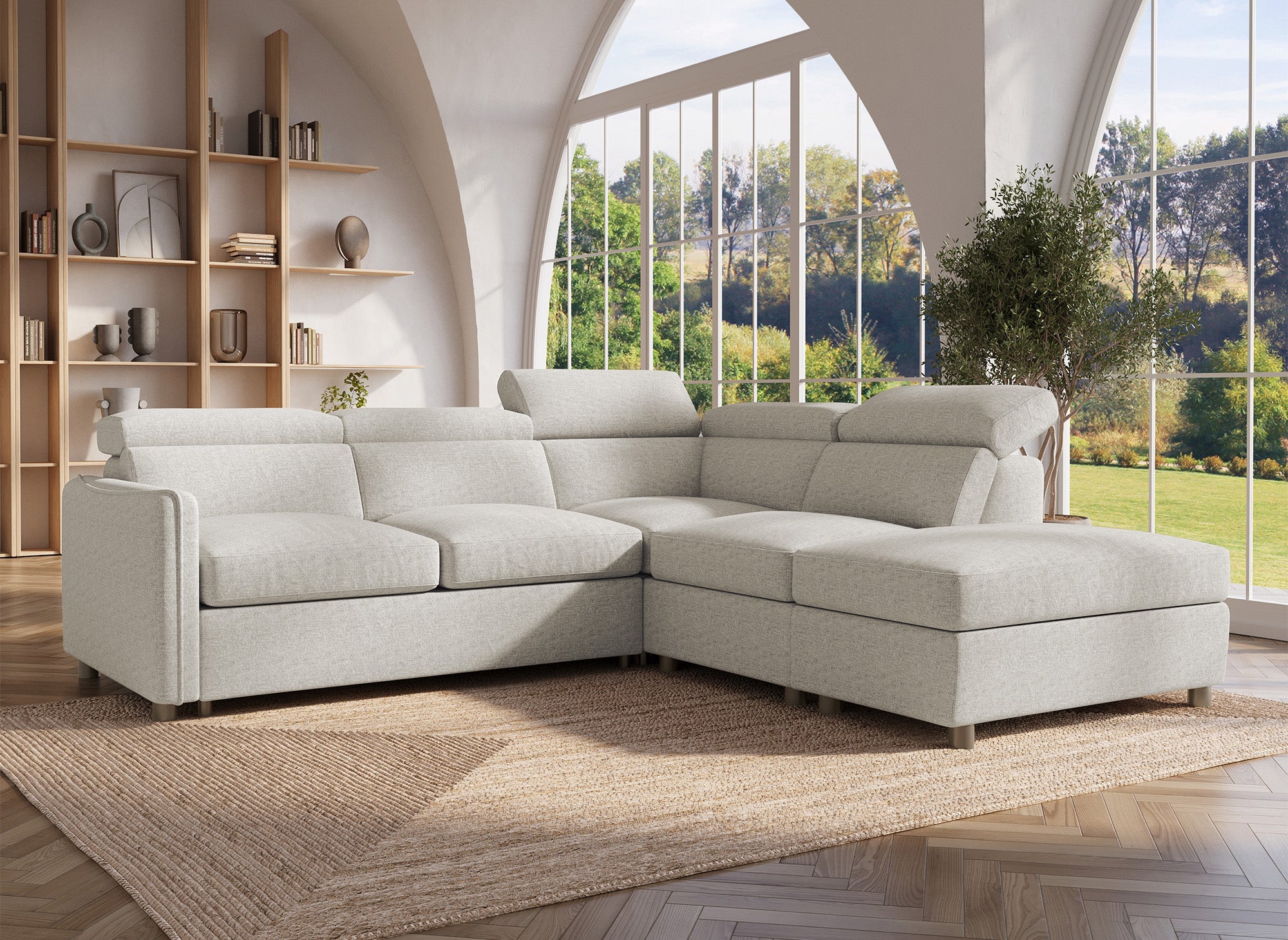 Sofá cama esquinero NAIROBI de tela beige - Esquina derecha