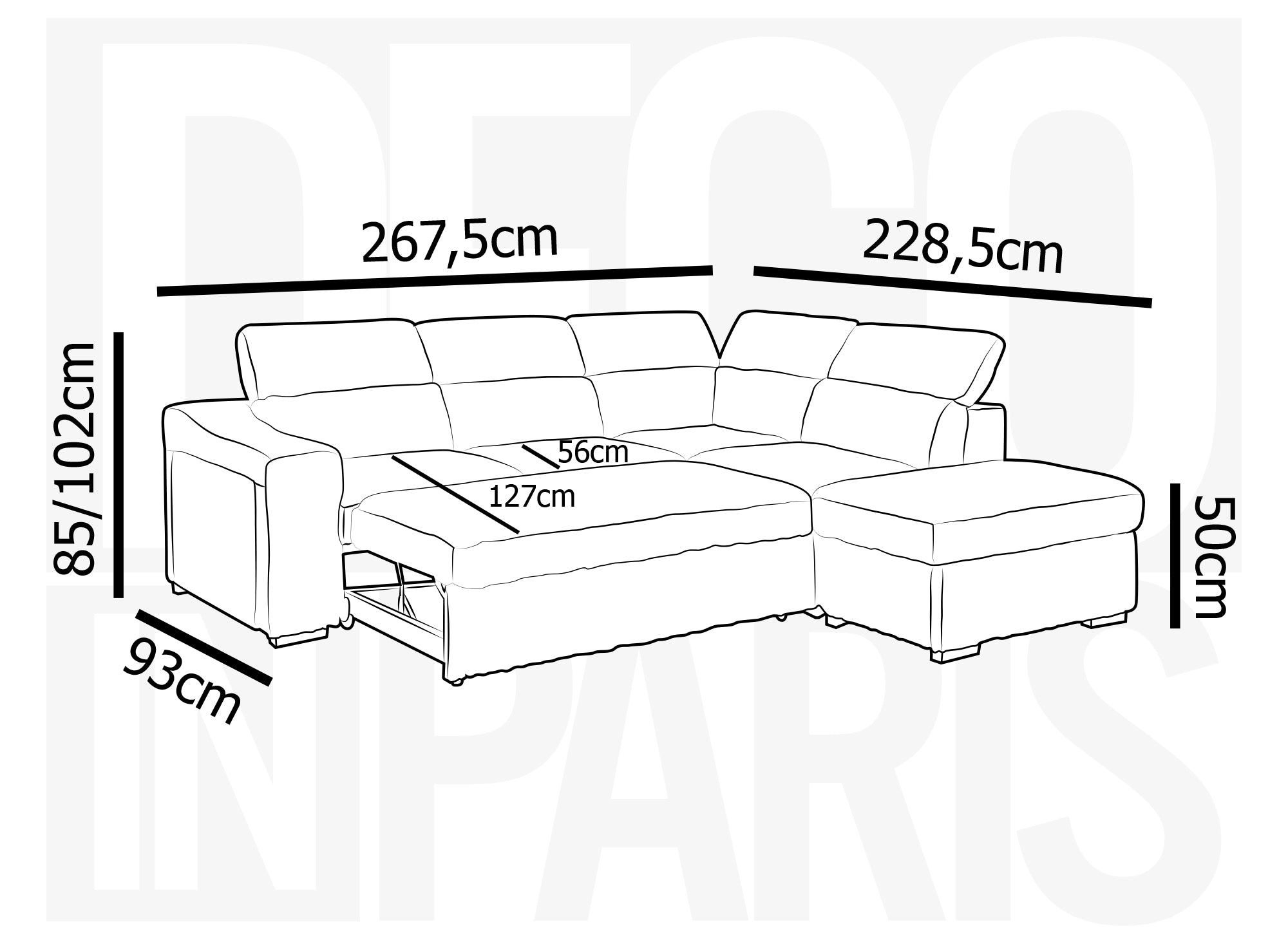 Sofá cama esquinero MARTY con almacenaje en pana gris - Esquina derecha