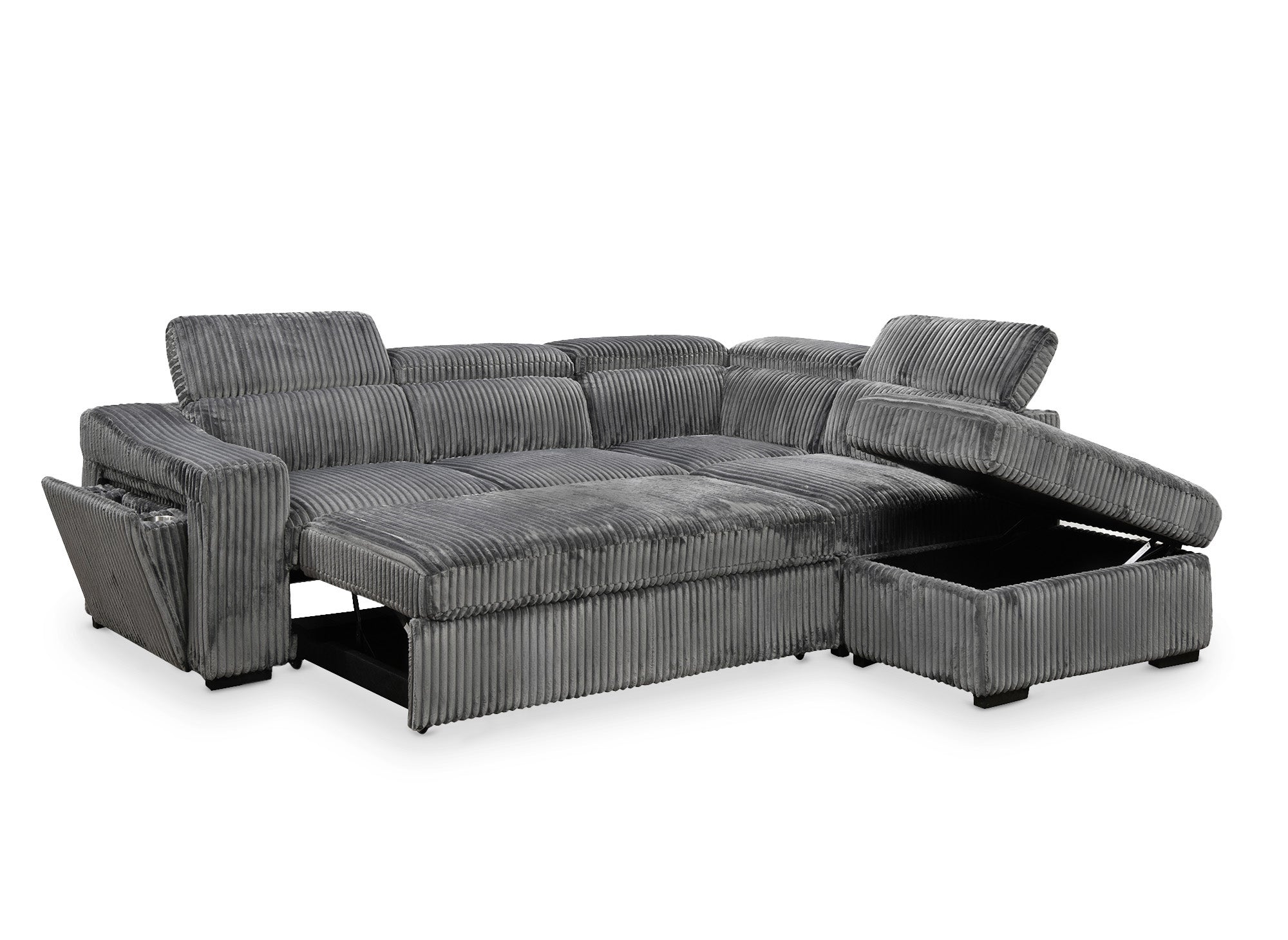 Sofá cama esquinero MARTY con almacenaje en pana gris - Esquina derecha