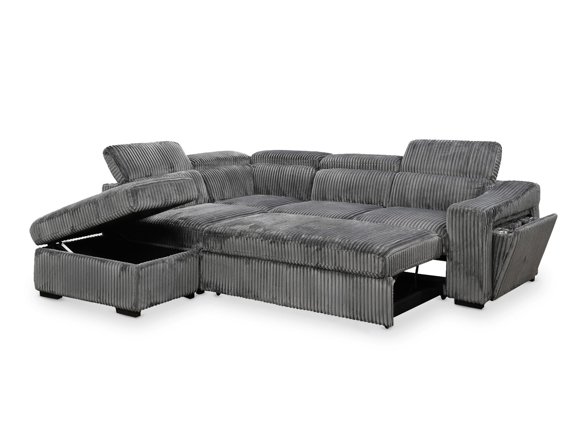 Sofá cama esquinero MARTY con almacenaje en pana gris - Esquina izquierda