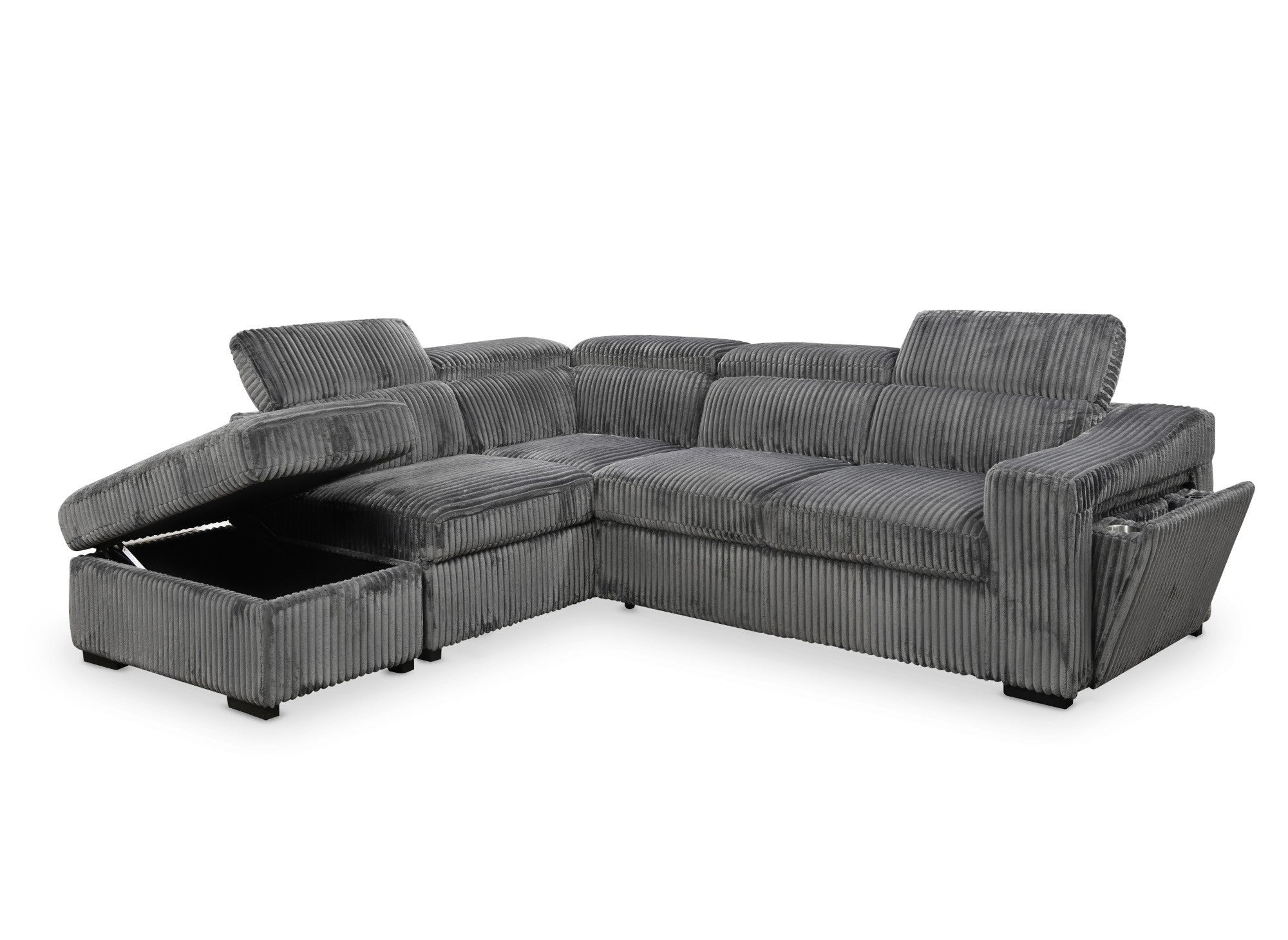 Sofá cama esquinero MARTY con almacenaje en pana gris - Esquina izquierda