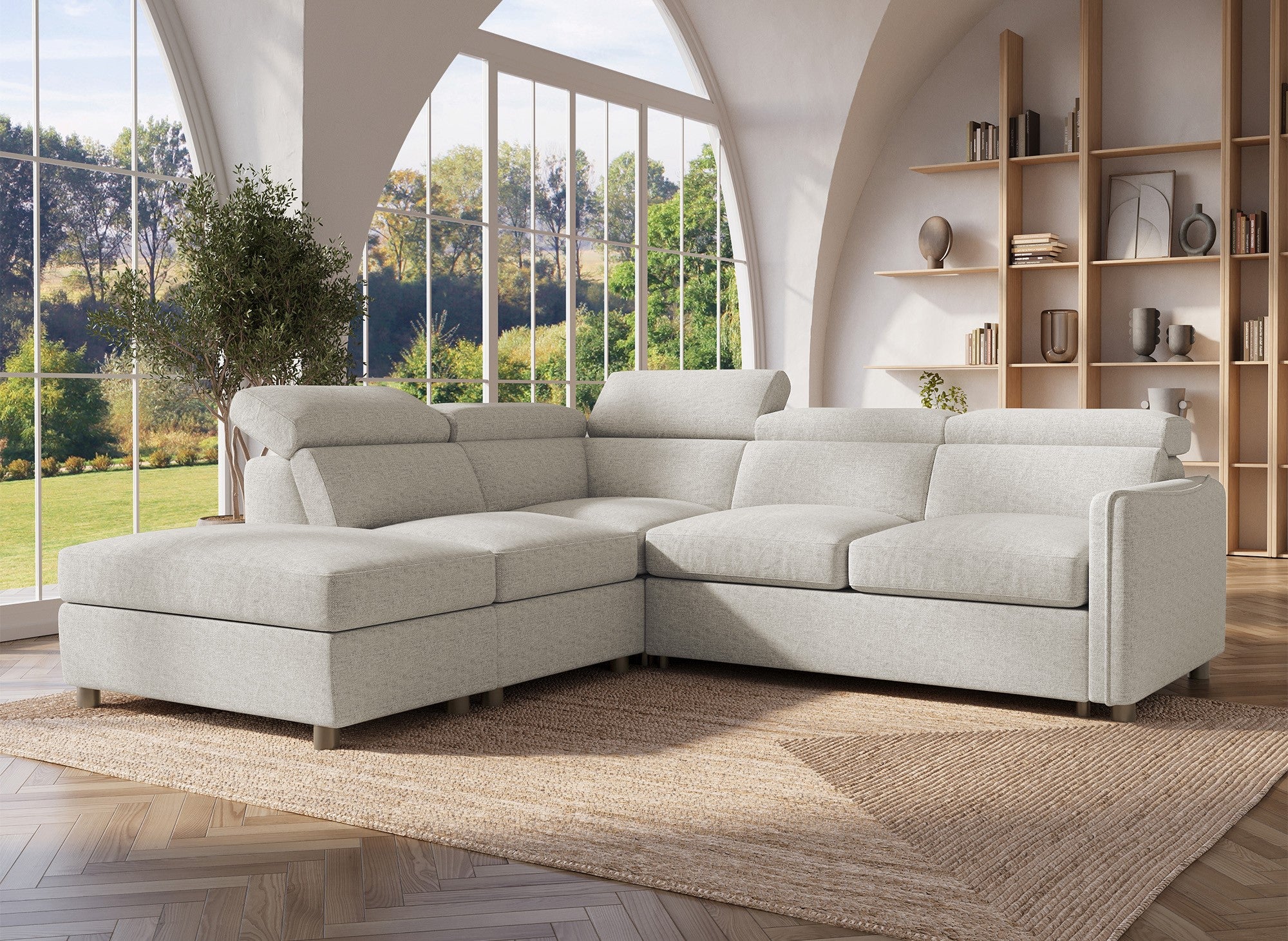 Sofá cama esquinero NAIROBI de tela beige - Esquina izquierda