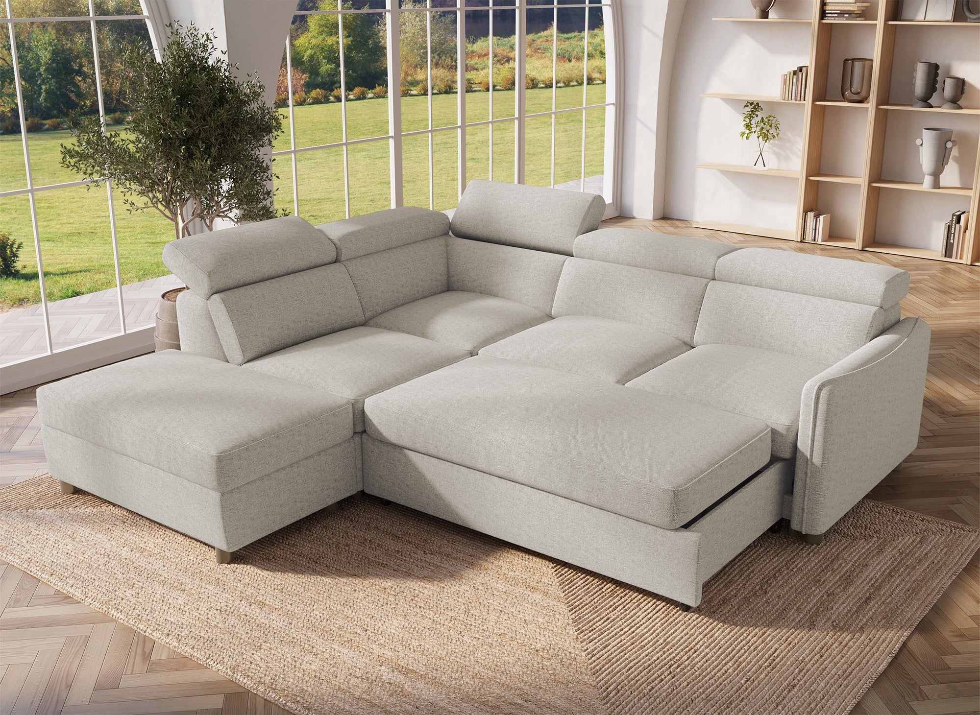 Sofá cama esquinero NAIROBI de tela beige - Esquina izquierda