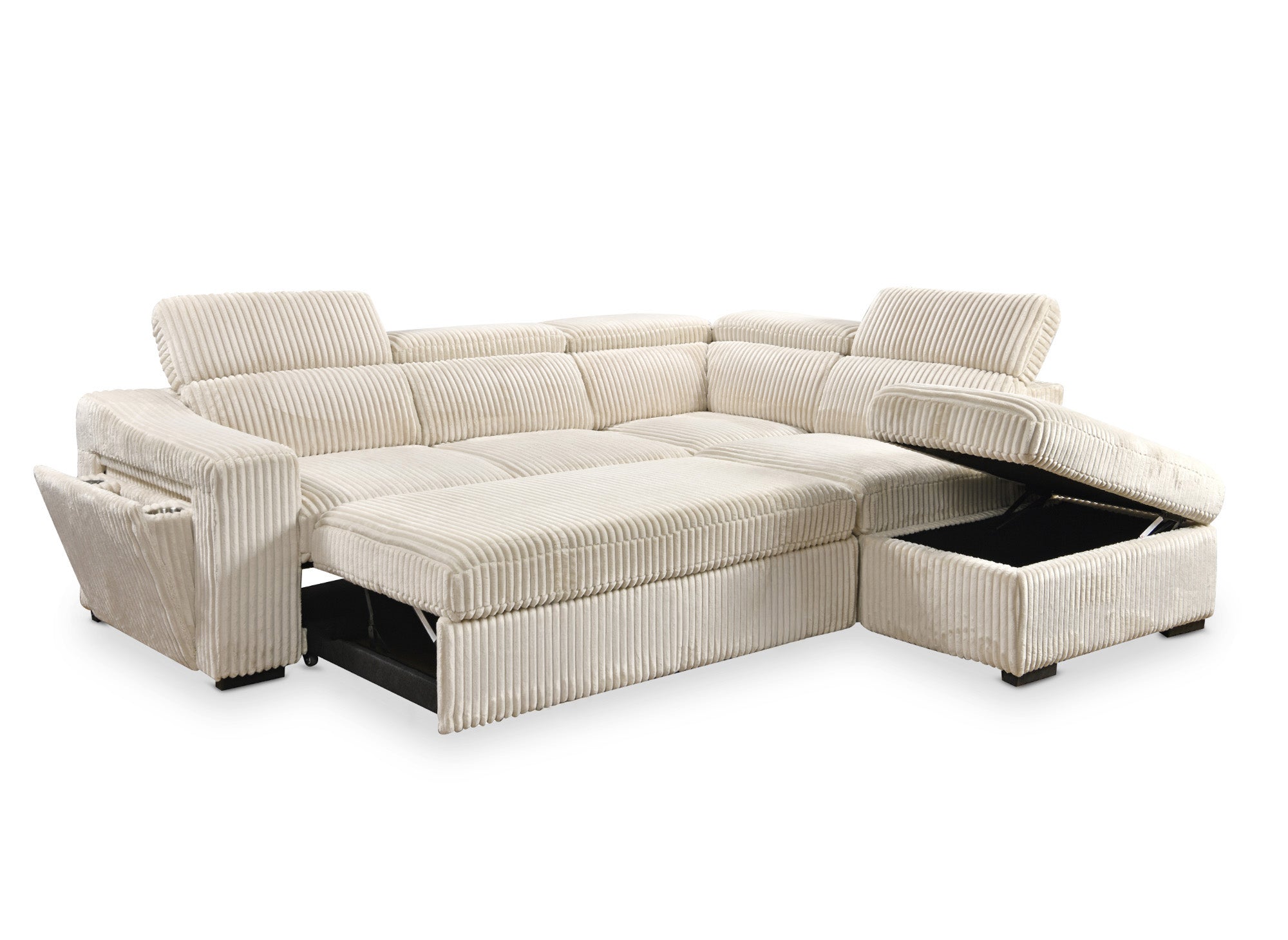 Sofá cama esquinero MARTY con almacenaje en pana beige - Esquina derecha