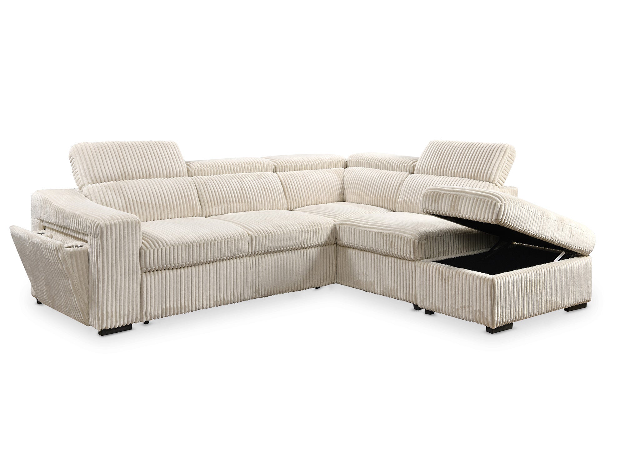 Sofá cama esquinero MARTY con almacenaje en pana beige - Esquina derecha