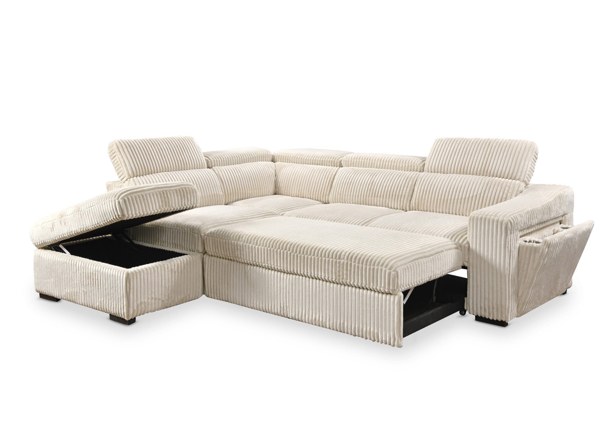 Sofá cama esquinero MARTY con almacenaje en terciopelo de pana beige - Esquina izquierda