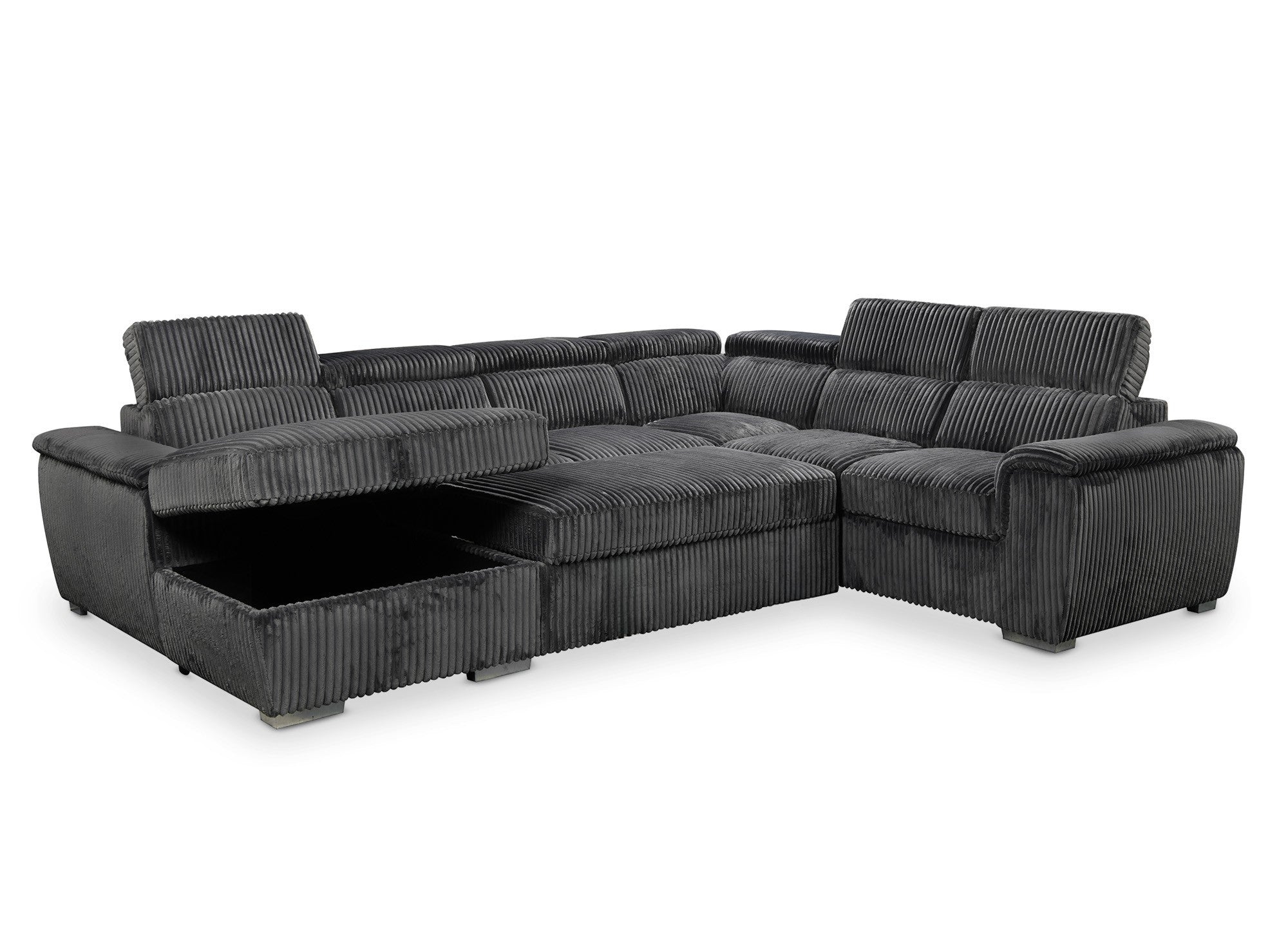 Sofá cama panorámico convertible GAELLE con almacenaje en pana gris gruesa - Esquina izquierda
