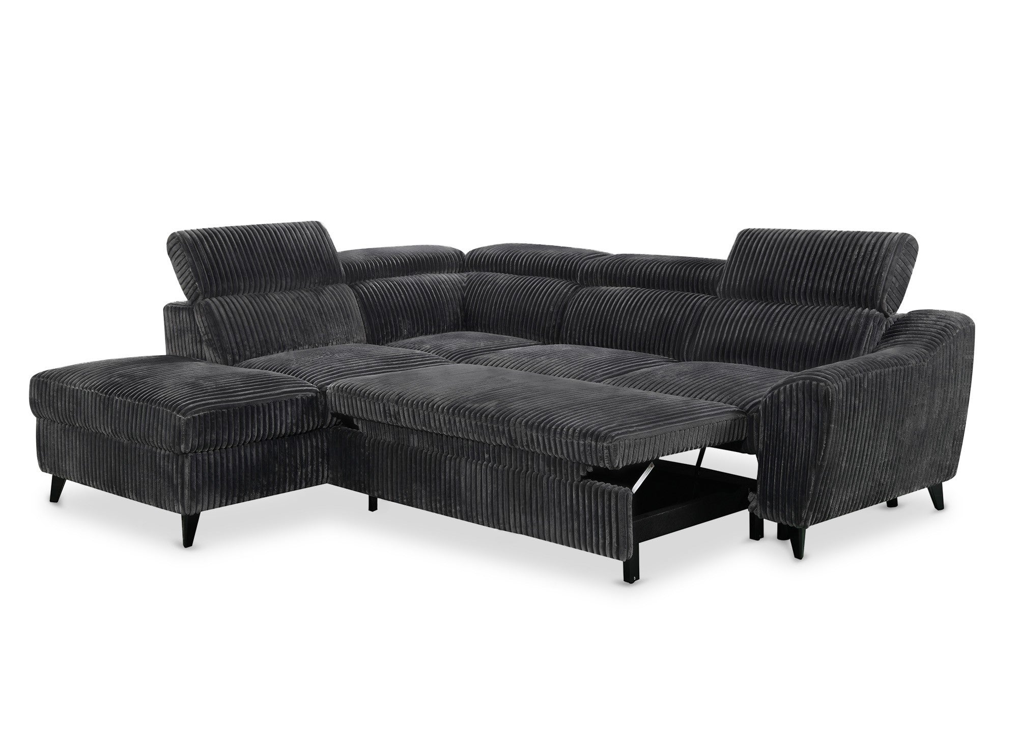 Sofá cama esquinero DALTON con almacenaje en pana gris gruesa - Esquina izquierda