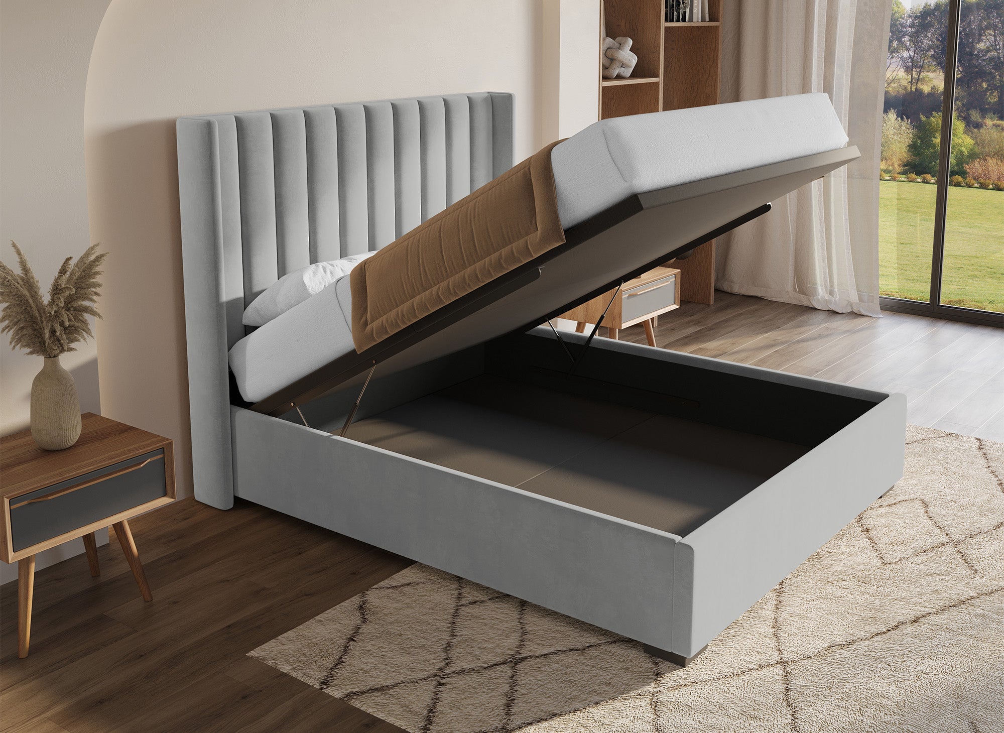 Cama con almacenaje ALENA de terciopelo gris 160x200 cm