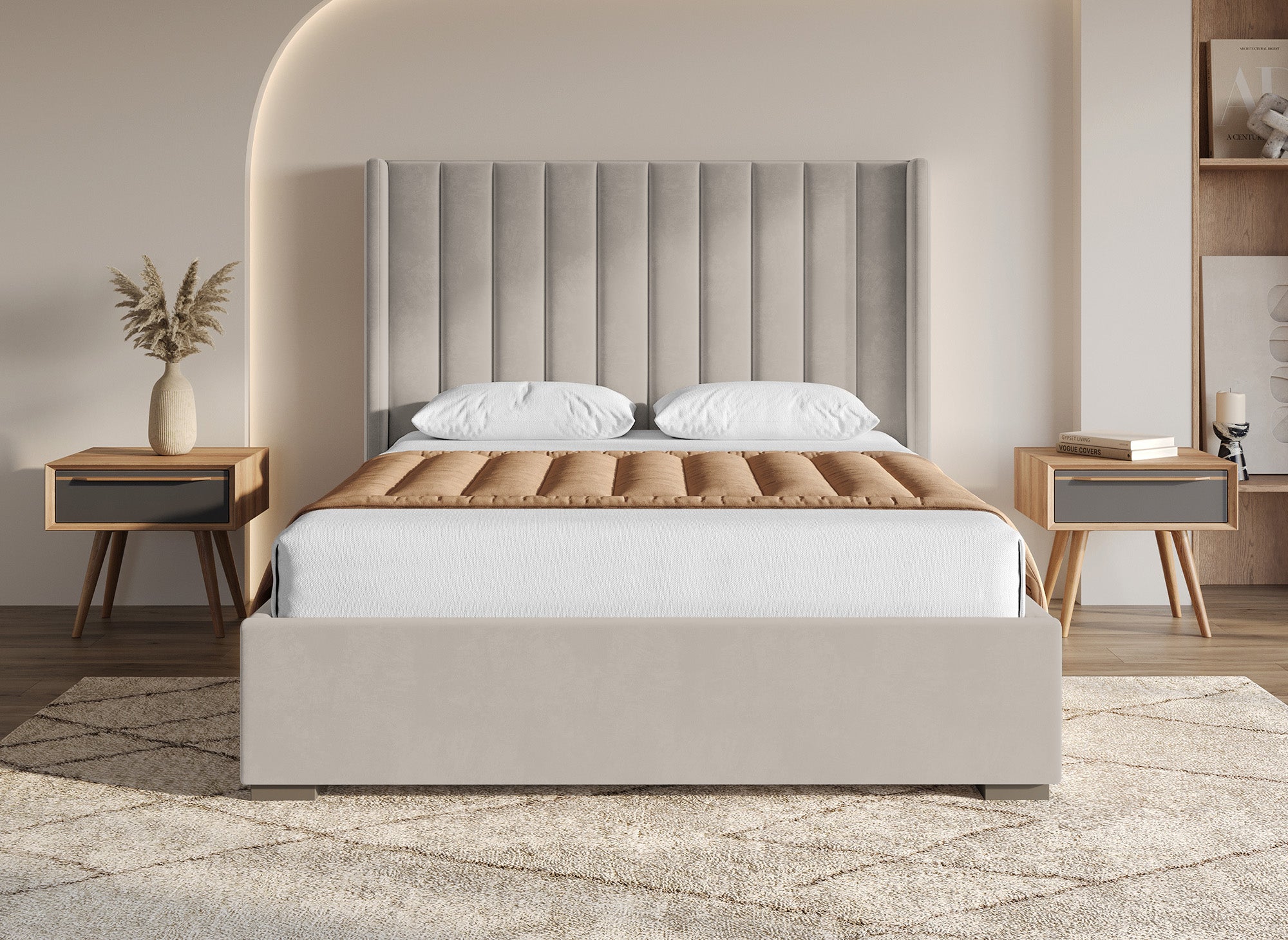 Cama con almacenaje ALENA de terciopelo color topo, 160x200 cm