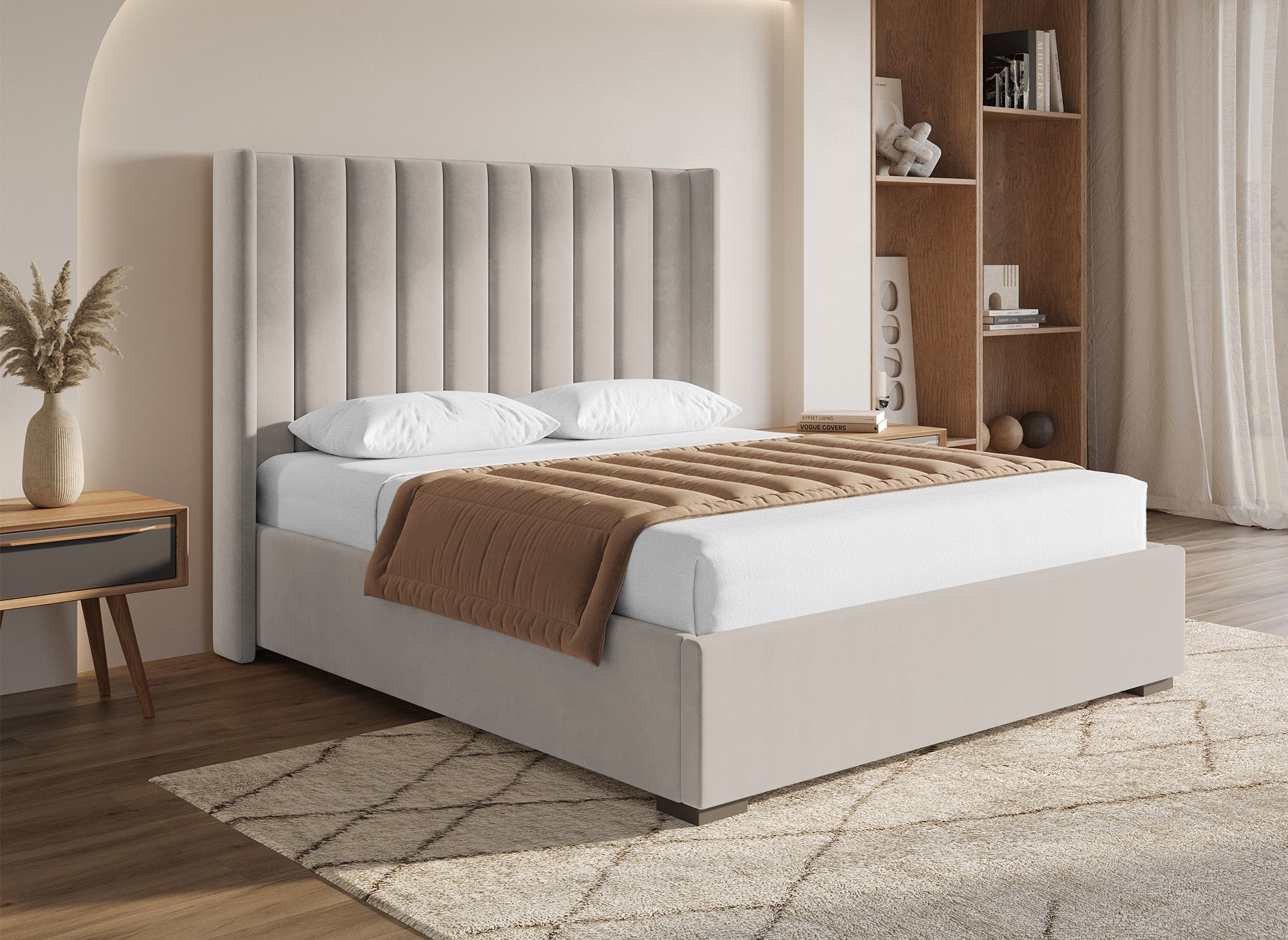 Cama con almacenaje ALENA de terciopelo color topo, 160x200 cm