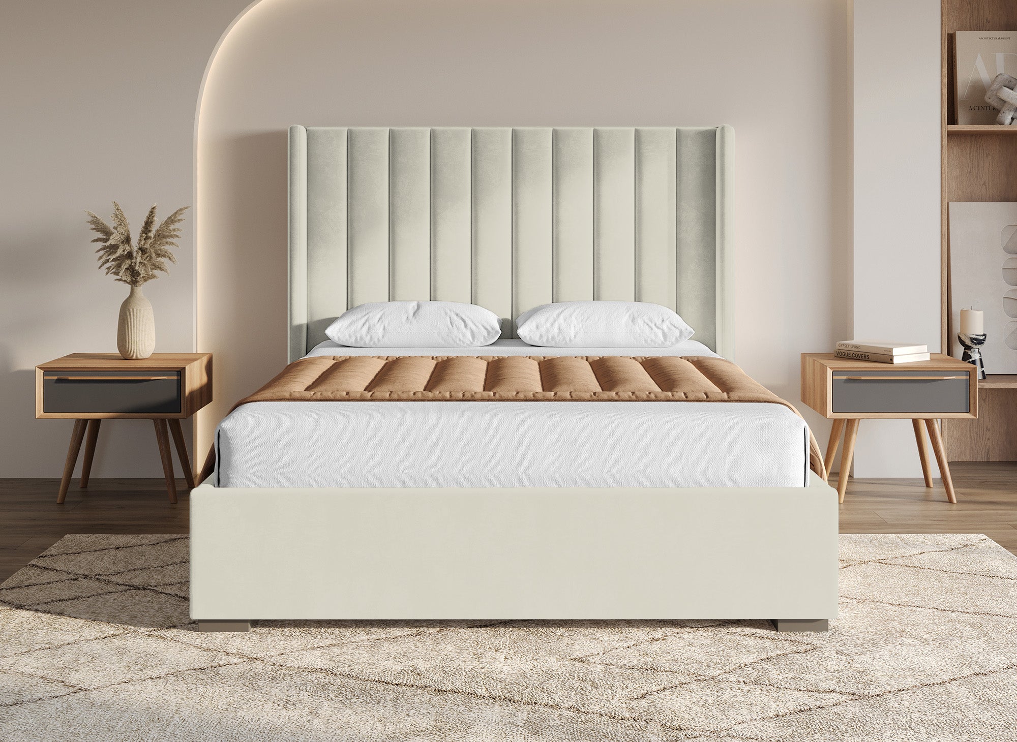 Cama con almacenaje ALENA de terciopelo beige 160x200 cm