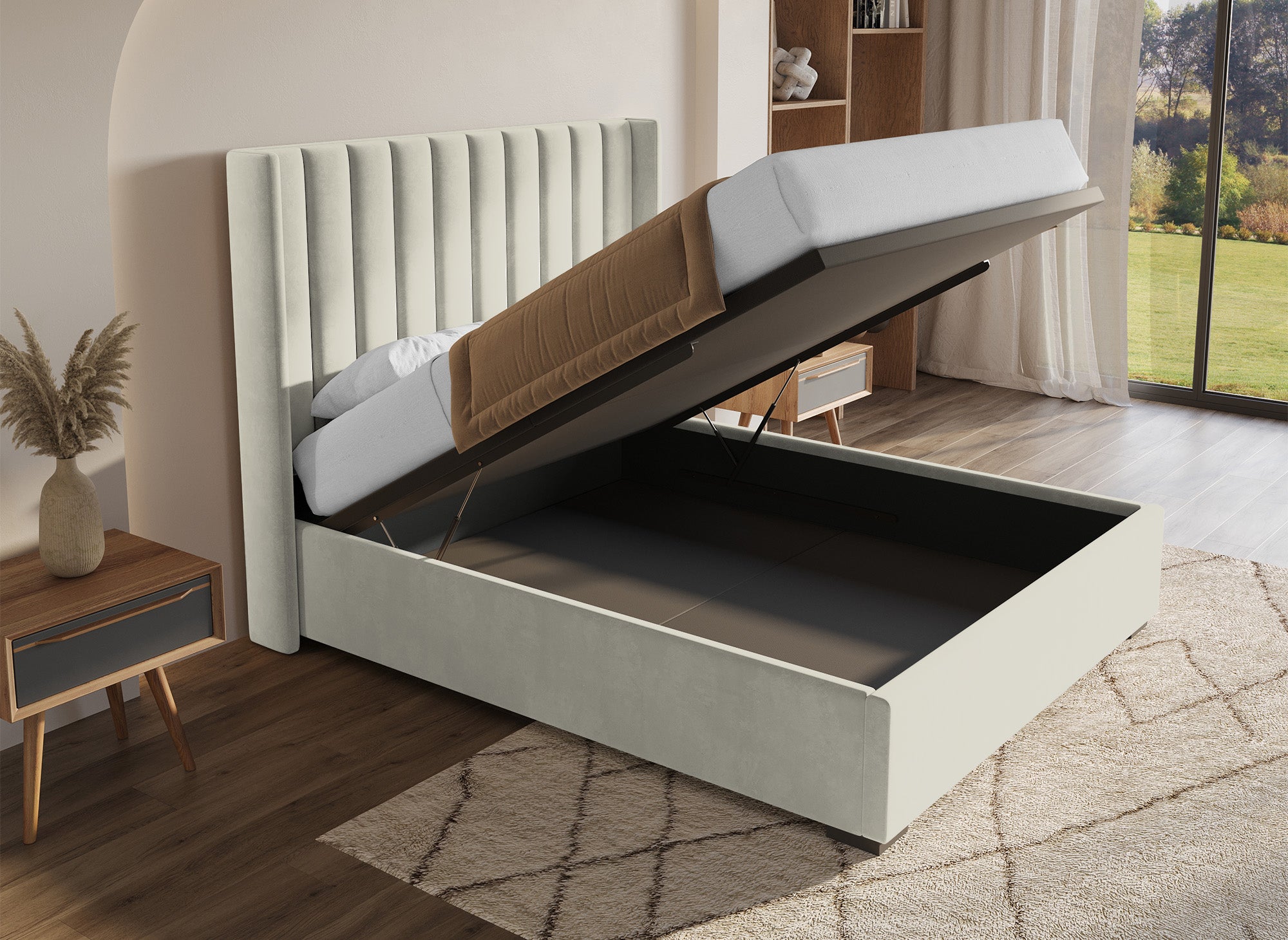 Cama con almacenaje ALENA de terciopelo beige 160x200 cm