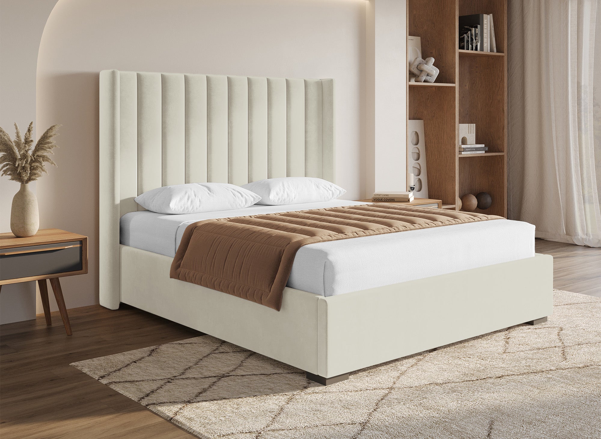 Cama con almacenaje ALENA de terciopelo beige 160x200 cm