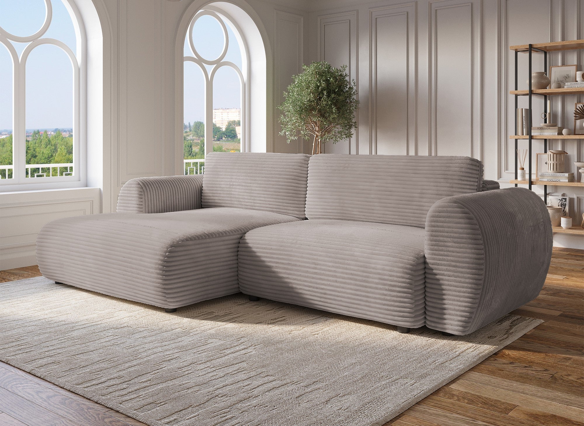 Sofá cama esquinero TILDA con almacenaje en pana color topo suave - Esquina izquierda