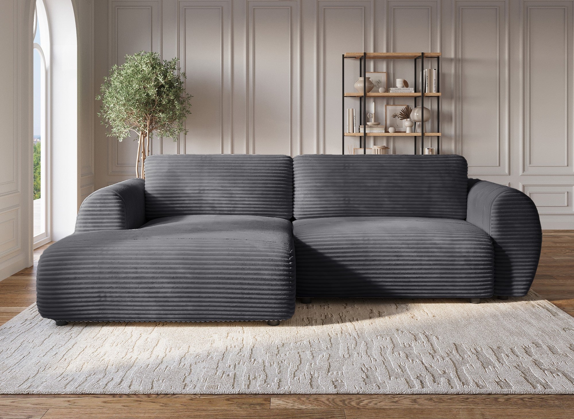 Sofá cama esquinero TILDA con almacenaje en pana gris suave - Esquina izquierda