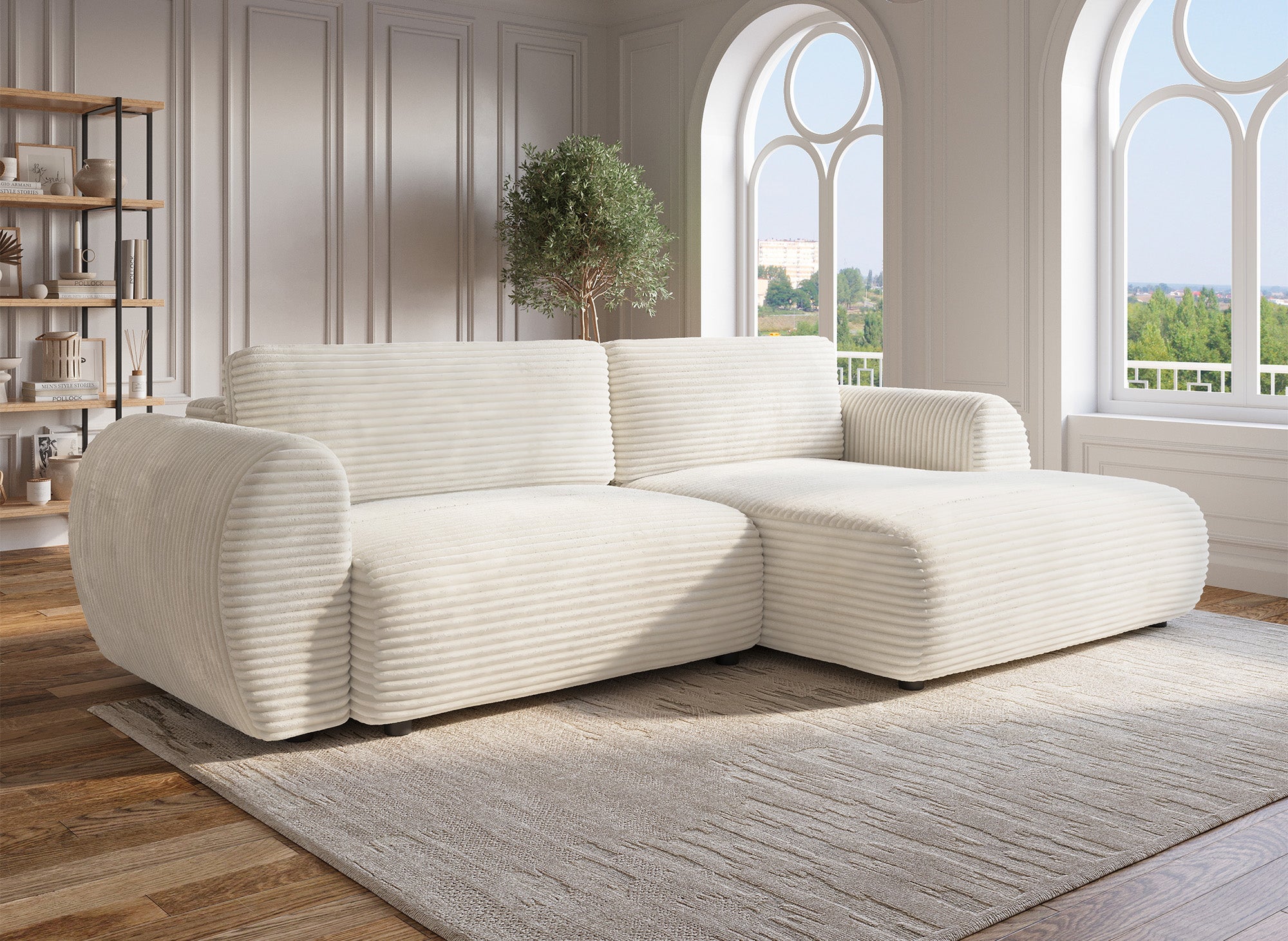 Sofá esquinero convertible TILDA con almacenaje en suave terciopelo de pana beige - Esquinero derecho