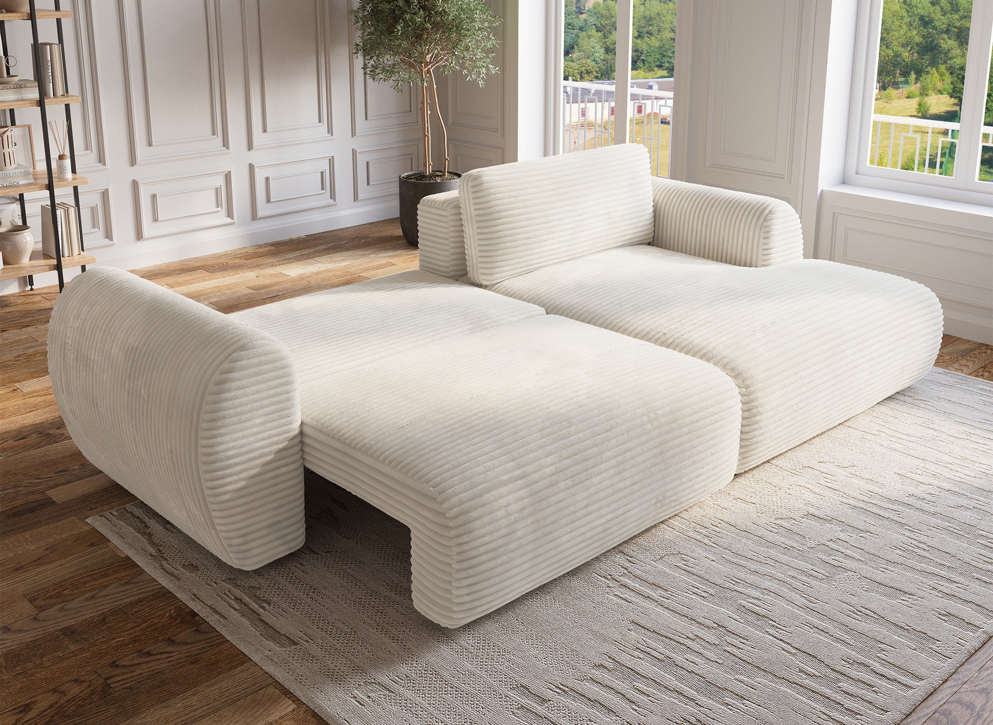 Sofá esquinero convertible TILDA con almacenaje en suave terciopelo de pana beige - Esquinero derecho