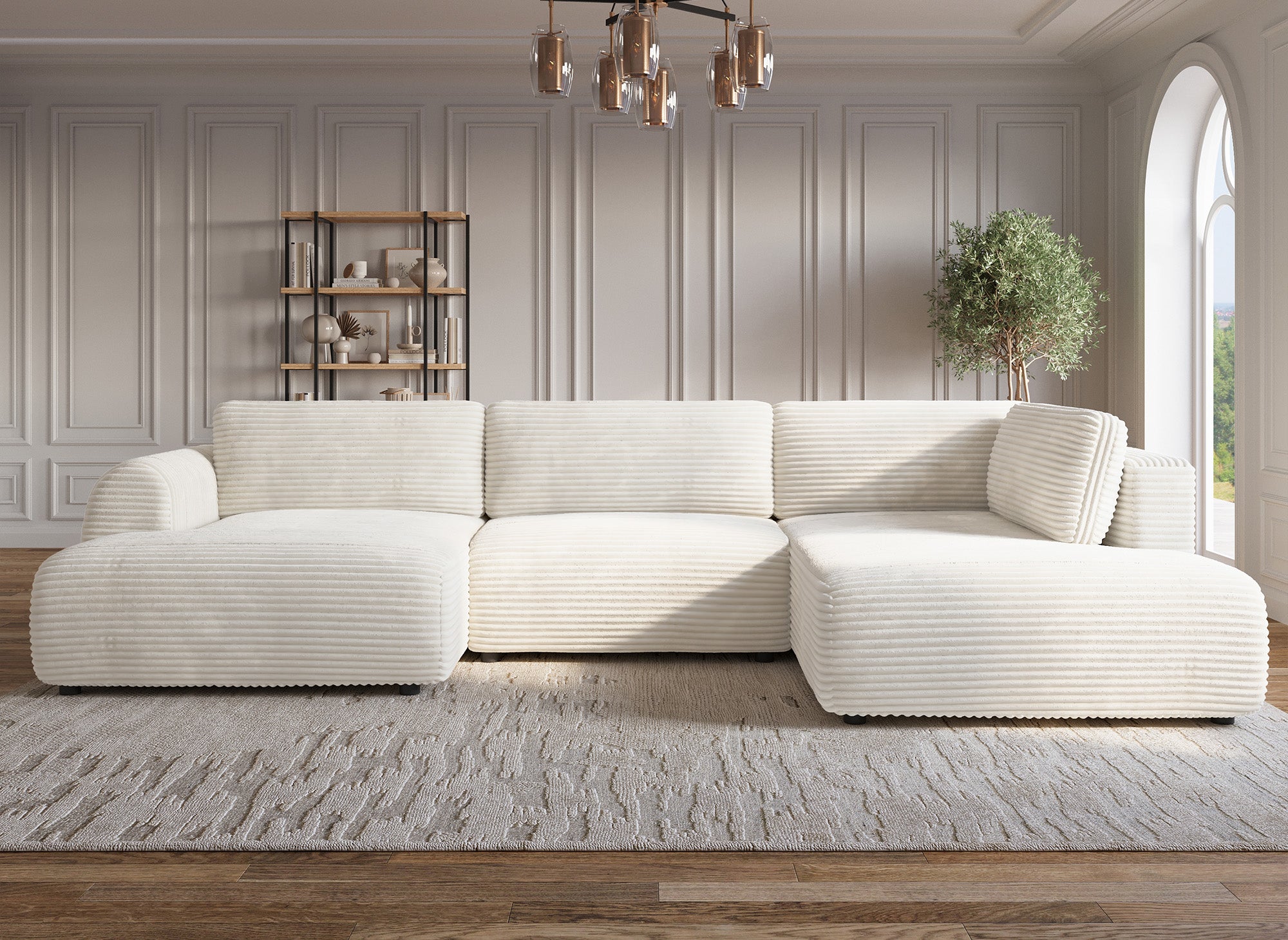 Sofá cama panorámico convertible TILDA con almacenaje en terciopelo de pana beige - Esquina derecha